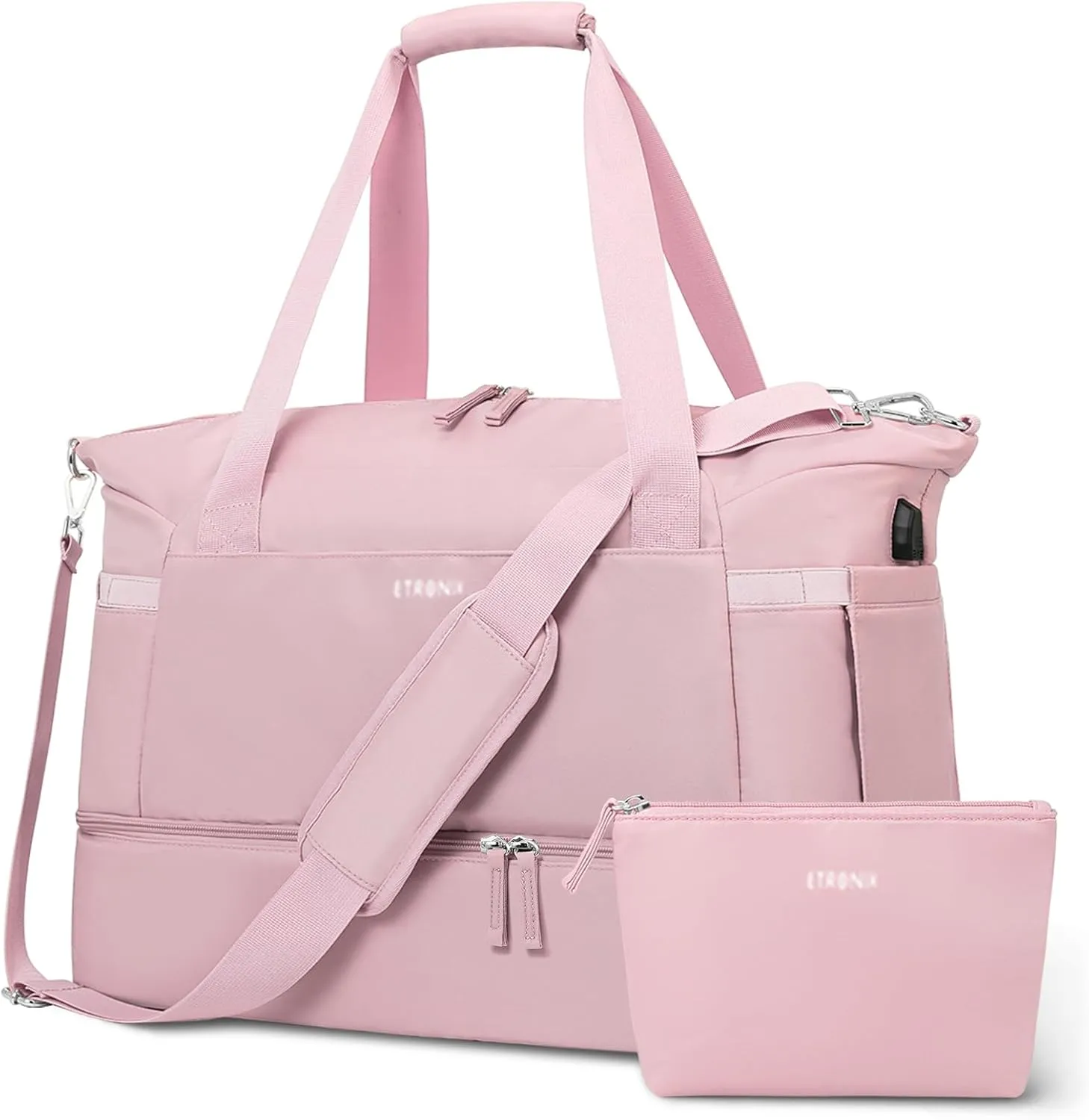 ETRONIK Gym Bag for Women, 47L Carry On Travel Duffel Bag with Shoes Compartment, Weekender Overnight Bag with Wet Pocket & USB Charging Port for Women, Travel, Gym, Weekend, Large Size (Pink)
