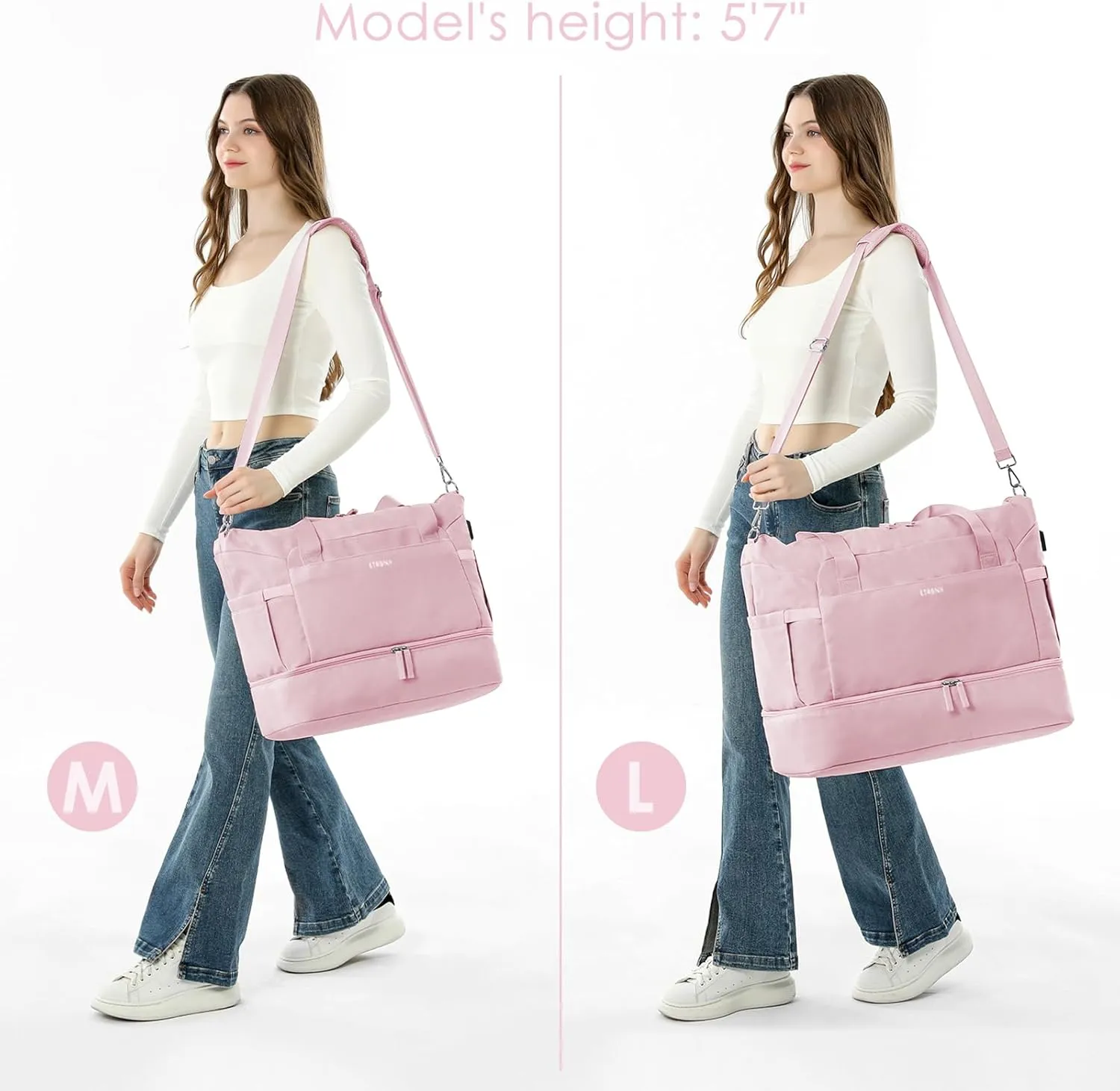 ETRONIK Gym Bag for Women, 47L Carry On Travel Duffel Bag with Shoes Compartment, Weekender Overnight Bag with Wet Pocket & USB Charging Port for Women, Travel, Gym, Weekend, Large Size (Pink)