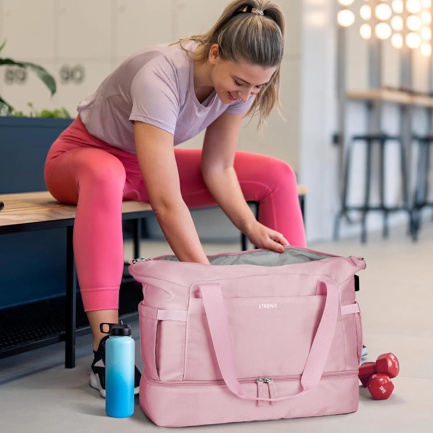 ETRONIK Gym Bag for Women, 47L Carry On Travel Duffel Bag with Shoes Compartment, Weekender Overnight Bag with Wet Pocket & USB Charging Port for Women, Travel, Gym, Weekend, Large Size (Pink)