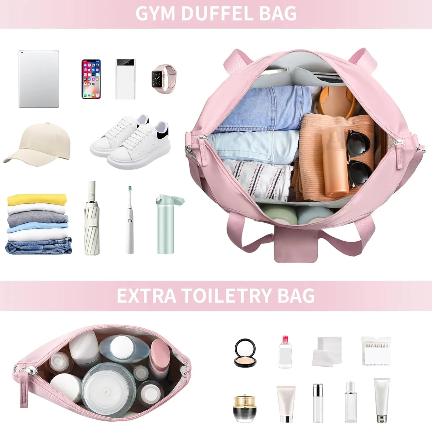 ETRONIK Gym Bag for Women, 47L Carry On Travel Duffel Bag with Shoes Compartment, Weekender Overnight Bag with Wet Pocket & USB Charging Port for Women, Travel, Gym, Weekend, Large Size (Pink)