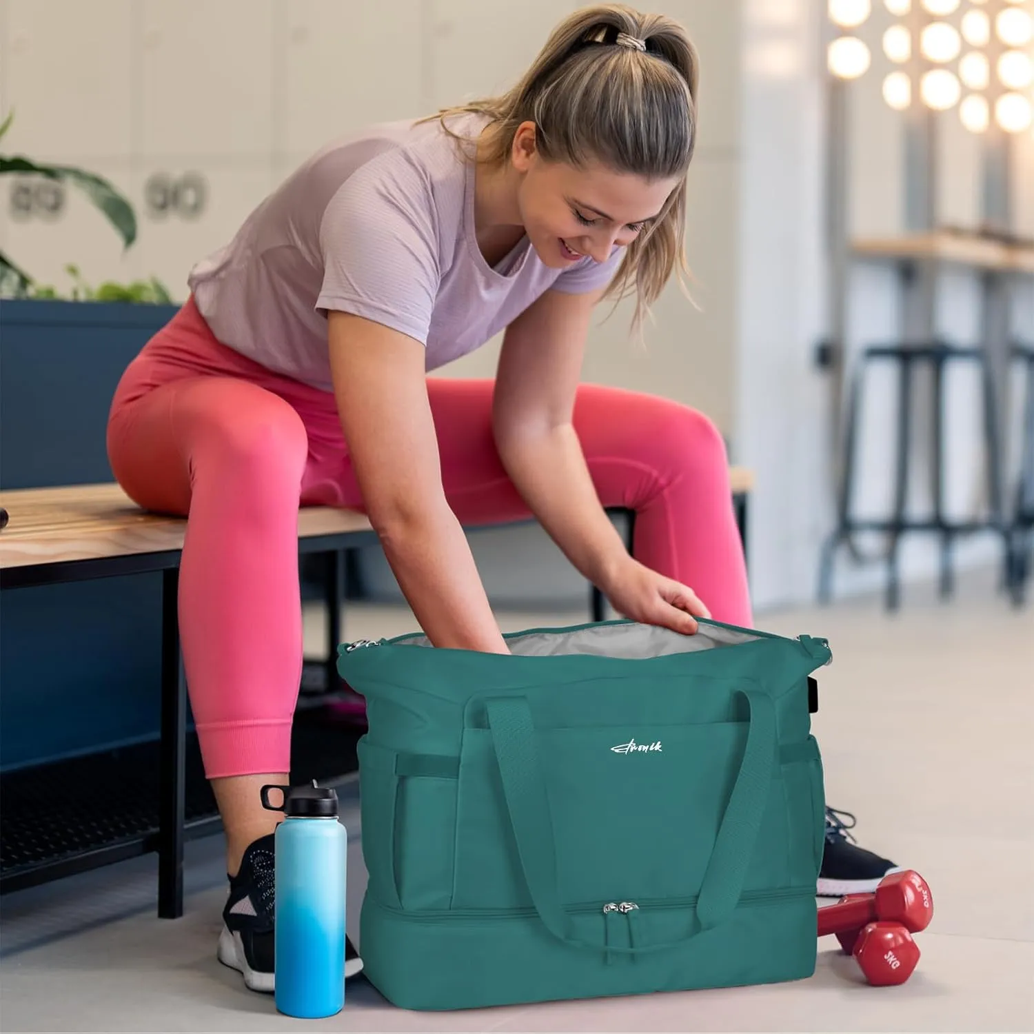 ETRONIK Gym Bag for Women, Travel Duffel Bag with USB Charging Port, Weekender Overnight Bag with Wet Pocket & Shoes Compartment for Women, Travel, Gym, Yoga (Malachite Green)