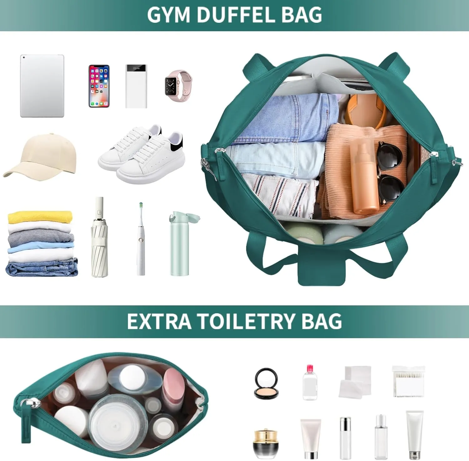 ETRONIK Gym Bag for Women, Travel Duffel Bag with USB Charging Port, Weekender Overnight Bag with Wet Pocket & Shoes Compartment for Women, Travel, Gym, Yoga (Malachite Green)