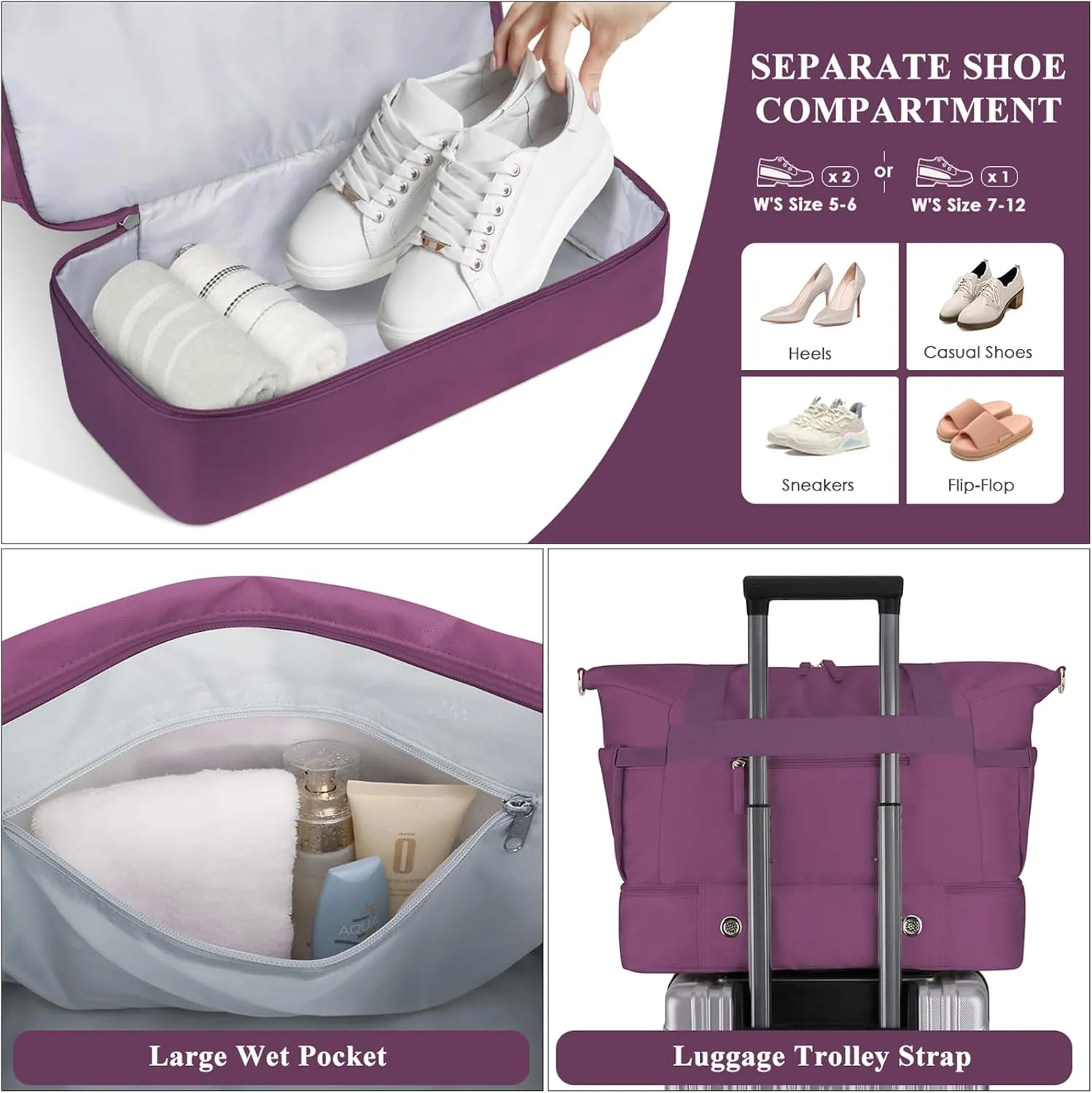 ETRONIK Gym Bag for Women, Travel Duffel Bag with USB Charging Port, Weekender Overnight Bag with Wet Pocket and Shoes Compartment for Women, Travel, Gym, Yoga (Grape Purple)