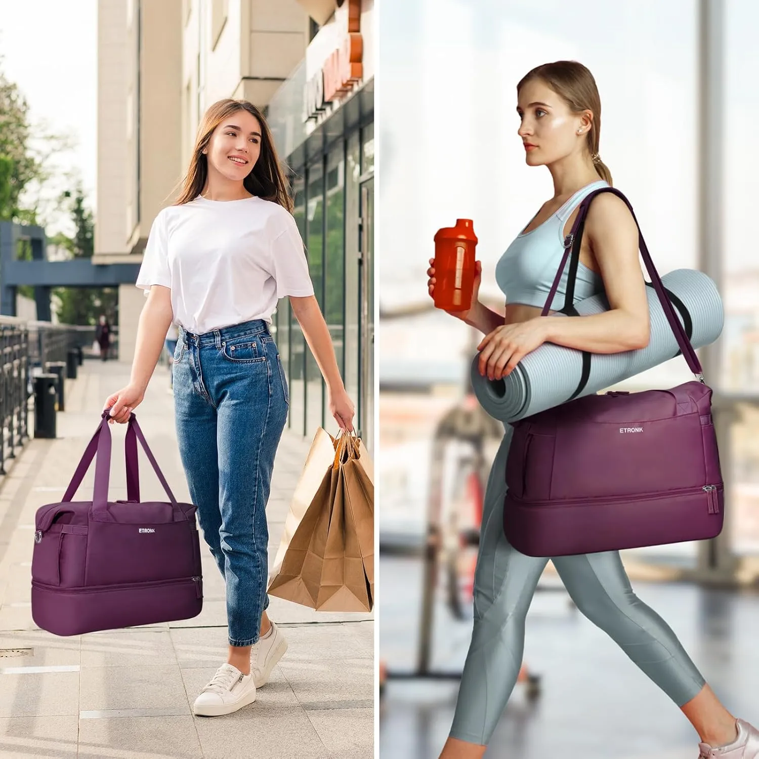ETRONIK Gym Bag for Women, Travel Duffel Bag with USB Charging Port, Weekender Overnight Bag with Wet Pocket and Shoes Compartment for Women, Travel, Gym, Yoga (Grape Purple)