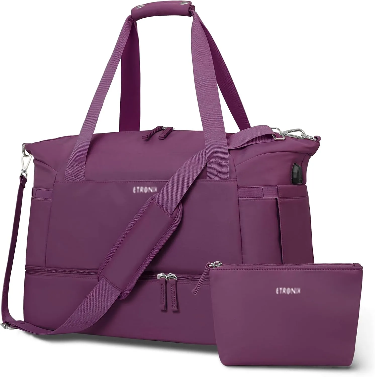 ETRONIK Gym Bag for Women, Travel Duffel Bag with USB Charging Port, Weekender Overnight Bag with Wet Pocket and Shoes Compartment for Women, Travel, Gym, Yoga (Grape Purple)