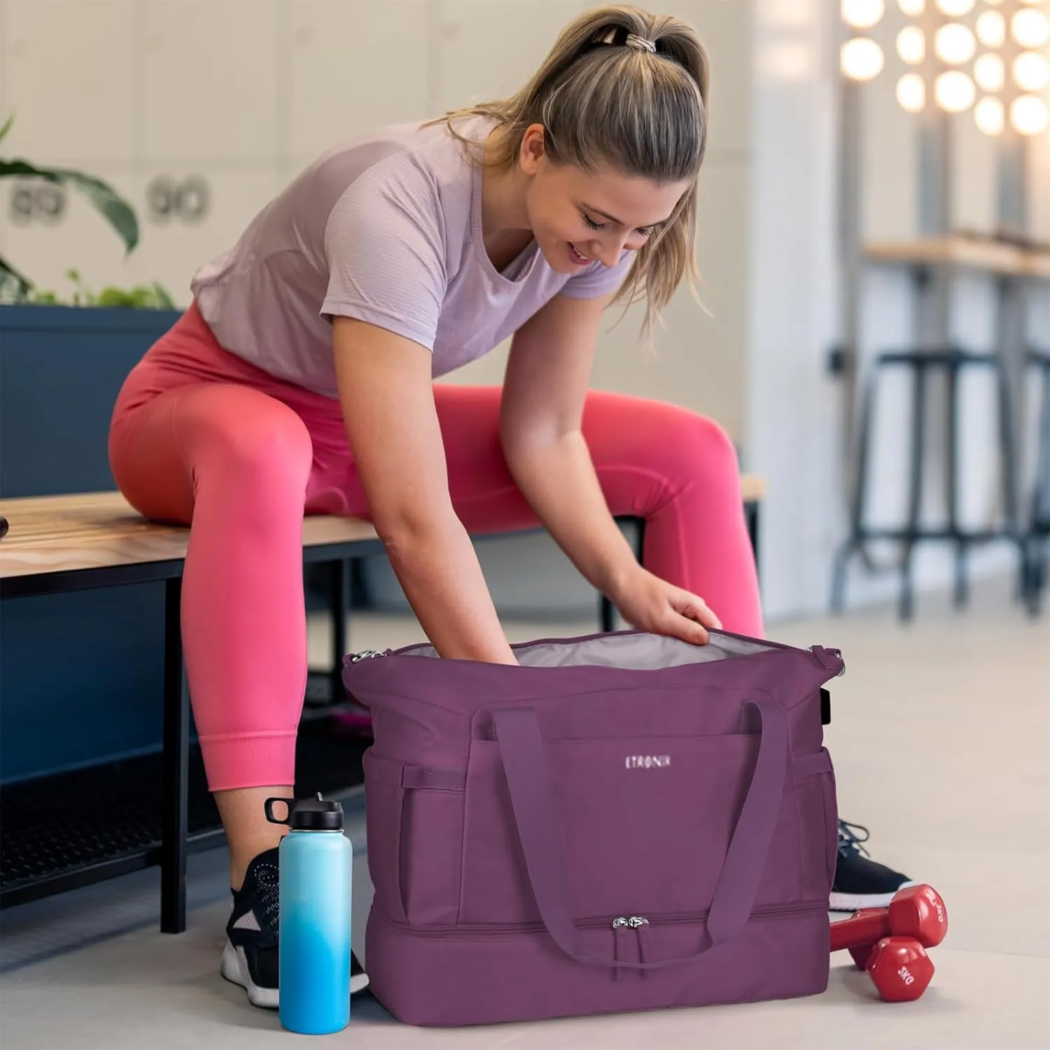 ETRONIK Gym Bag for Women, Travel Duffel Bag with USB Charging Port, Weekender Overnight Bag with Wet Pocket and Shoes Compartment for Women, Travel, Gym, Yoga (Grape Purple)