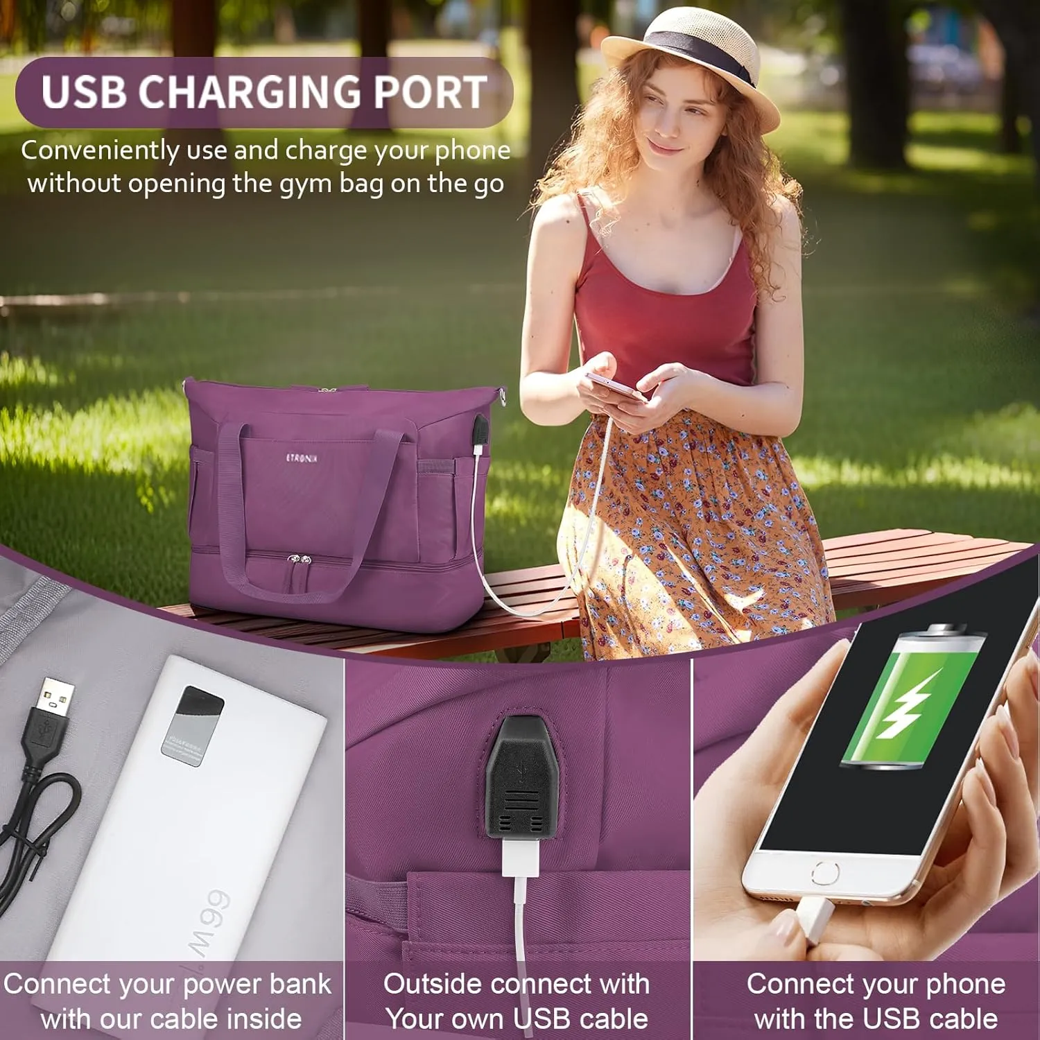 ETRONIK Gym Bag for Women, Travel Duffel Bag with USB Charging Port, Weekender Overnight Bag with Wet Pocket and Shoes Compartment for Women, Travel, Gym, Yoga (Grape Purple)