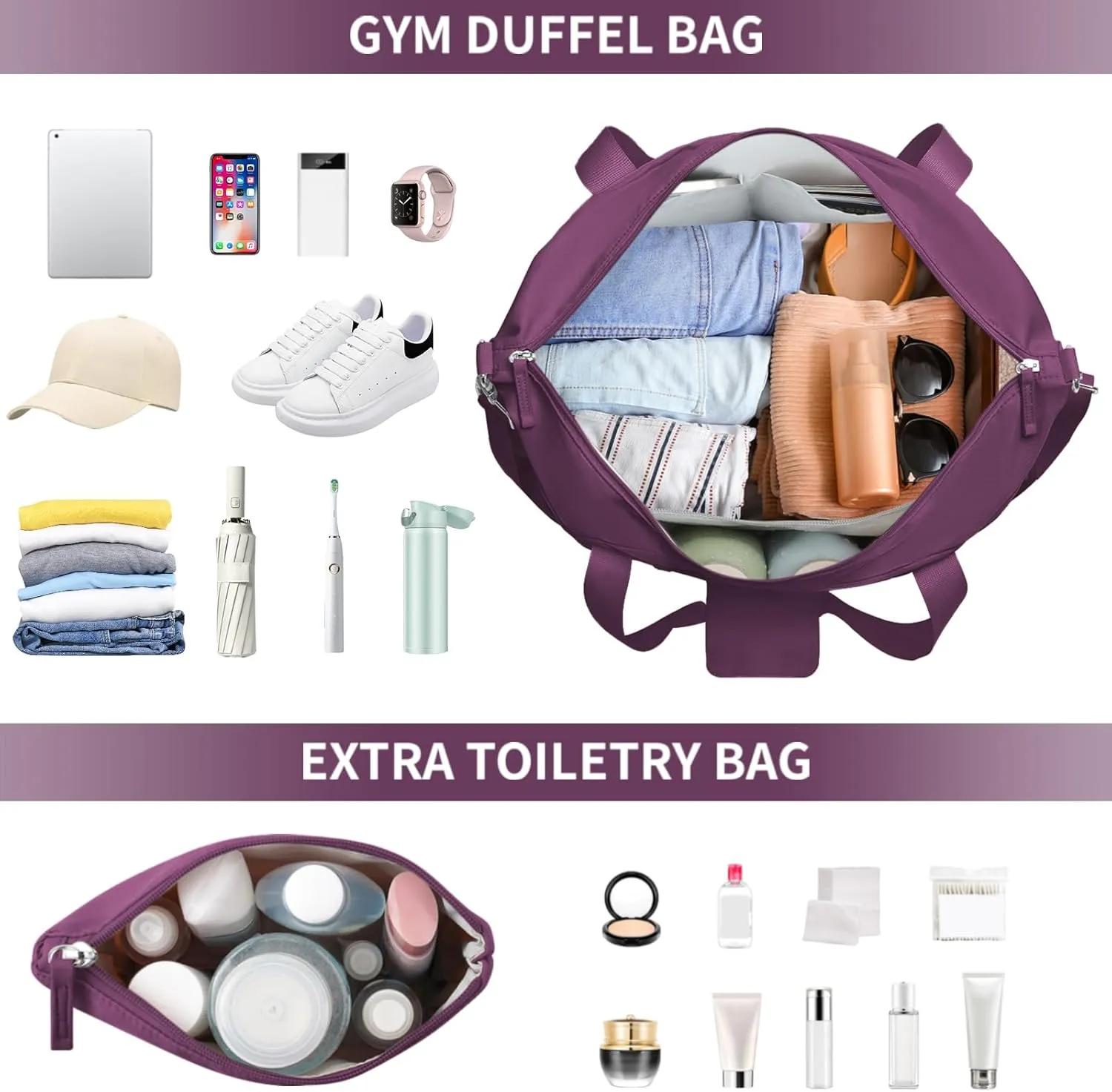 ETRONIK Gym Bag for Women, Travel Duffel Bag with USB Charging Port, Weekender Overnight Bag with Wet Pocket and Shoes Compartment for Women, Travel, Gym, Yoga (Grape Purple)