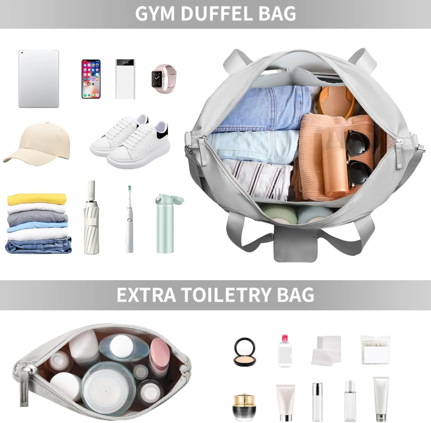 ETRONIK Gym Bag for Women, Travel Duffel Bag with USB Charging Port, Weekender Overnight Bag with Wet Pocket and Shoes Compartment for Women, Travel, Gym, Yoga (Grey)