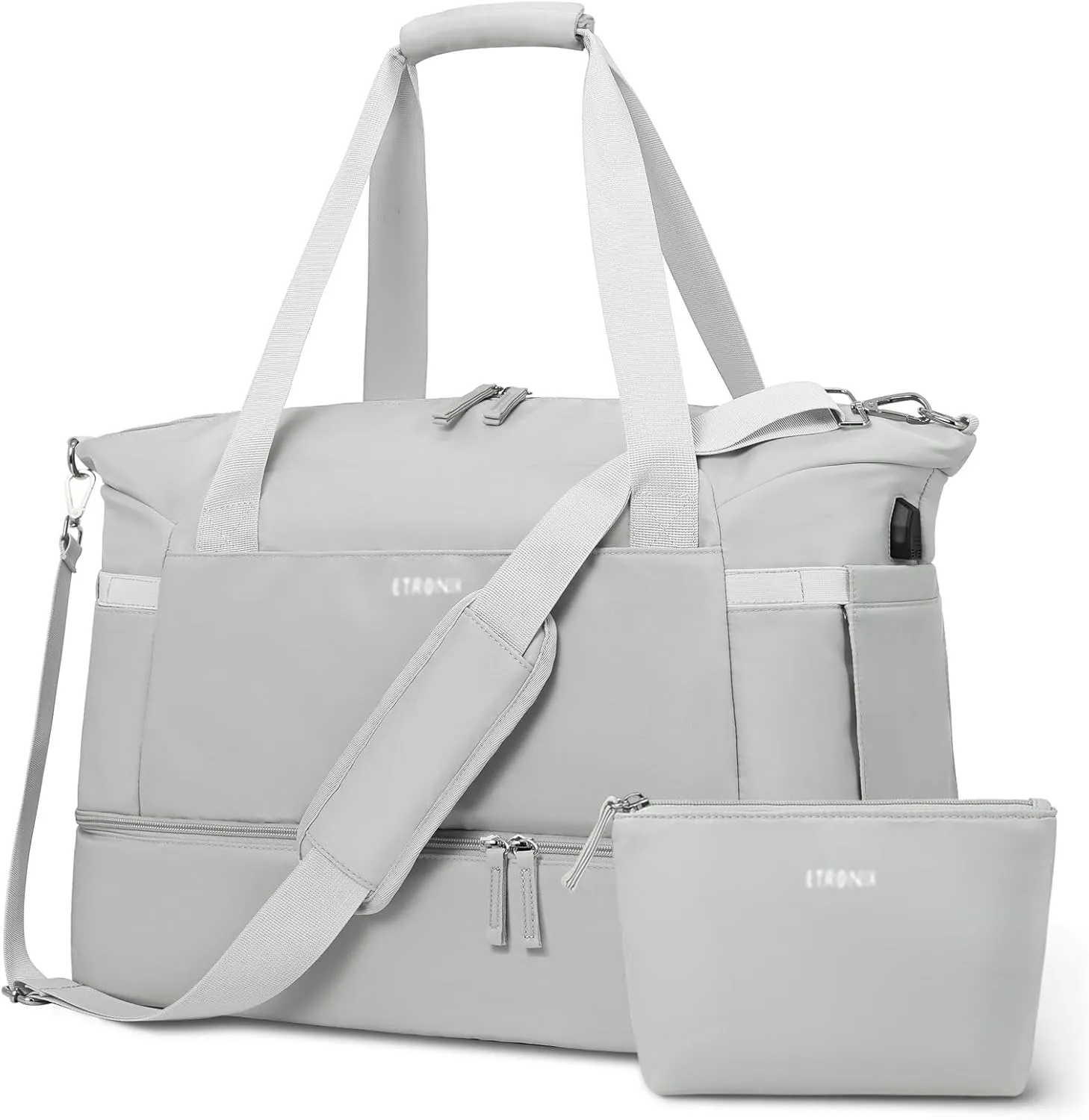 ETRONIK Gym Bag for Women, Travel Duffel Bag with USB Charging Port, Weekender Overnight Bag with Wet Pocket and Shoes Compartment for Women, Travel, Gym, Yoga (Grey)