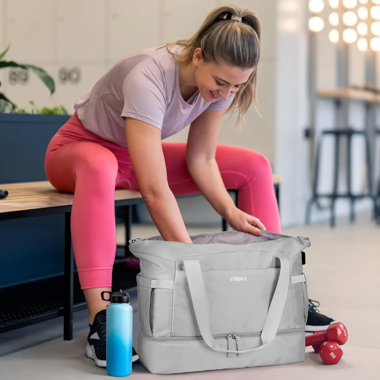 ETRONIK Gym Bag for Women, Travel Duffel Bag with USB Charging Port, Weekender Overnight Bag with Wet Pocket and Shoes Compartment for Women, Travel, Gym, Yoga (Grey)