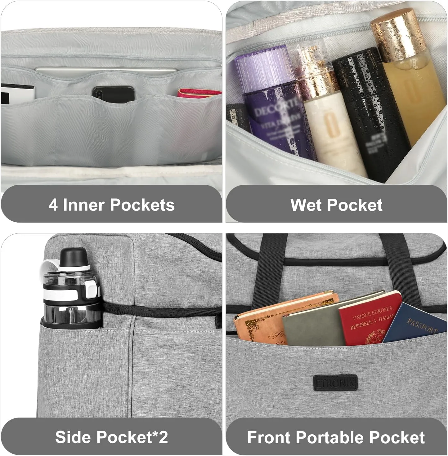 ETRONIK Travel Bag - Duffle with Shoe Compartment, Carry-On Weekender for Men, Women, Gym, Luggage, Grey