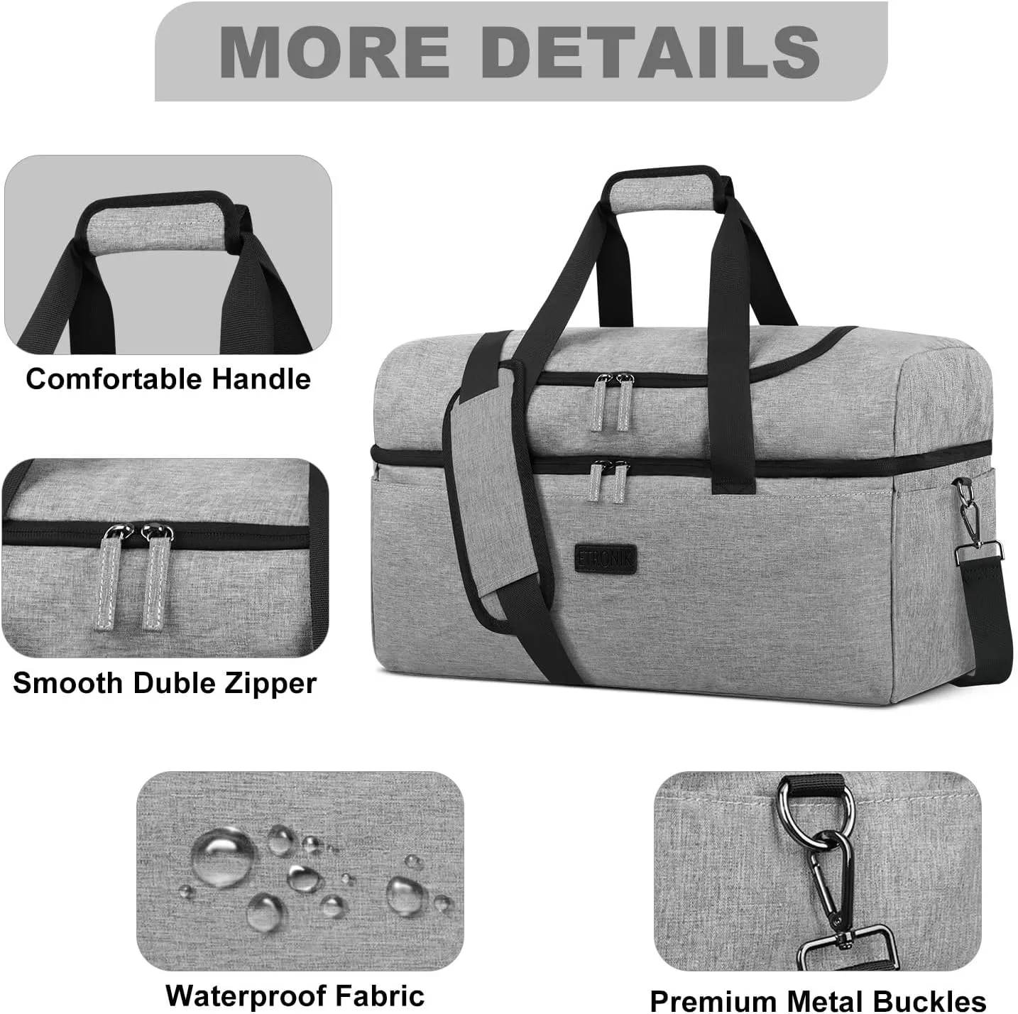 ETRONIK Travel Bag - Duffle with Shoe Compartment, Carry-On Weekender for Men, Women, Gym, Luggage, Grey