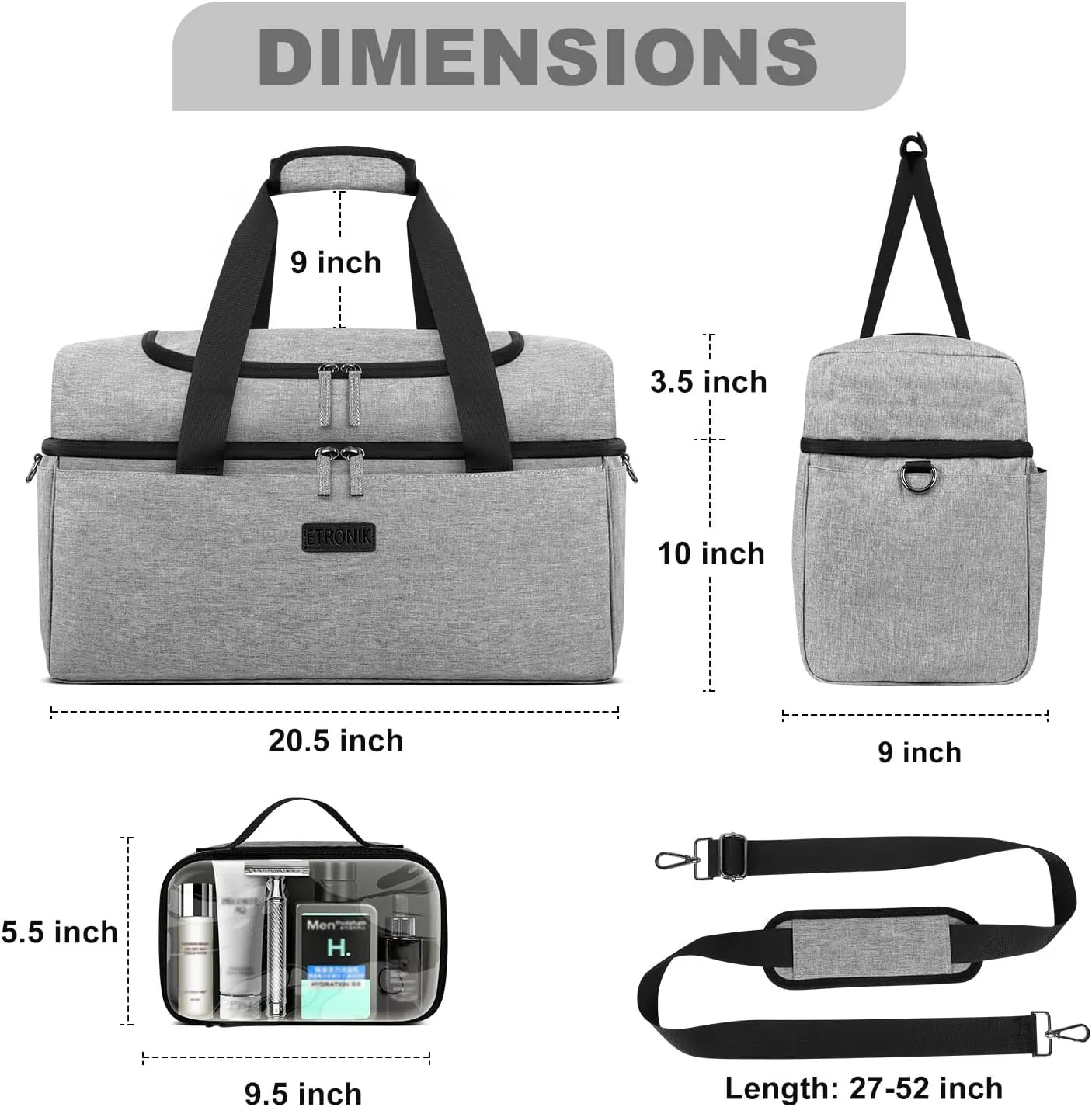 ETRONIK Travel Bag - Duffle with Shoe Compartment, Carry-On Weekender for Men, Women, Gym, Luggage, Grey