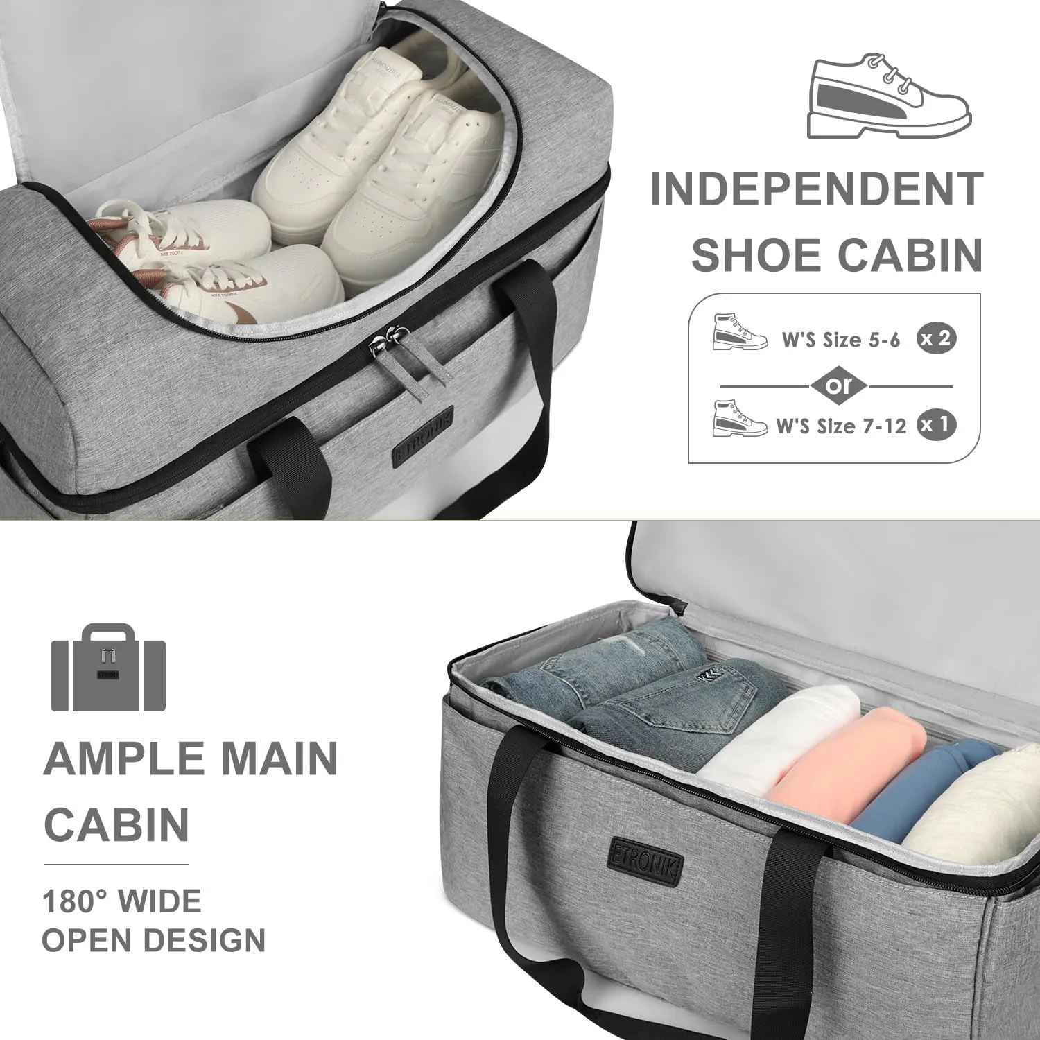 ETRONIK Travel Bag - Duffle with Shoe Compartment, Carry-On Weekender for Men, Women, Gym, Luggage, Grey