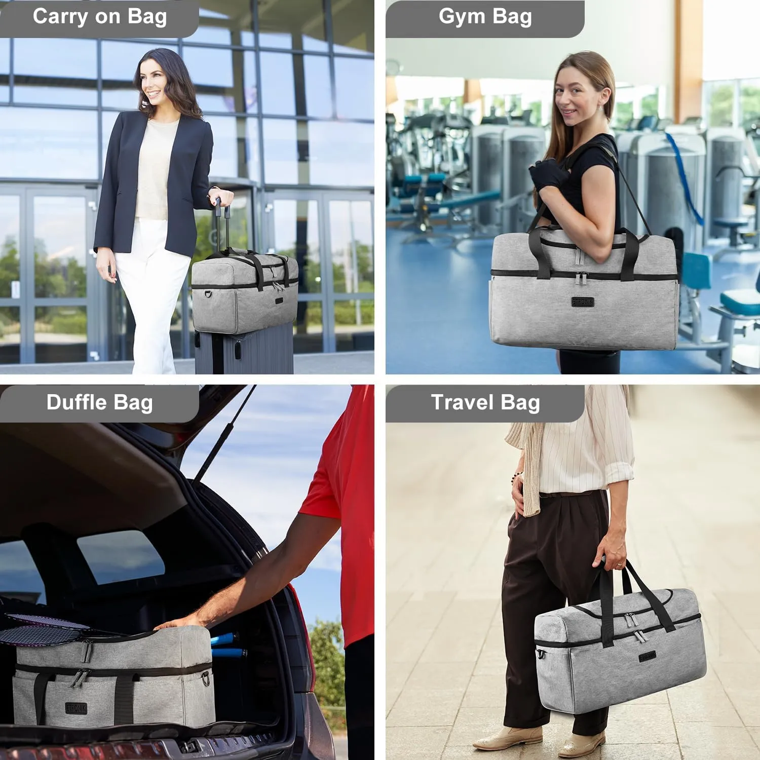 ETRONIK Travel Bag - Duffle with Shoe Compartment, Carry-On Weekender for Men, Women, Gym, Luggage, Grey