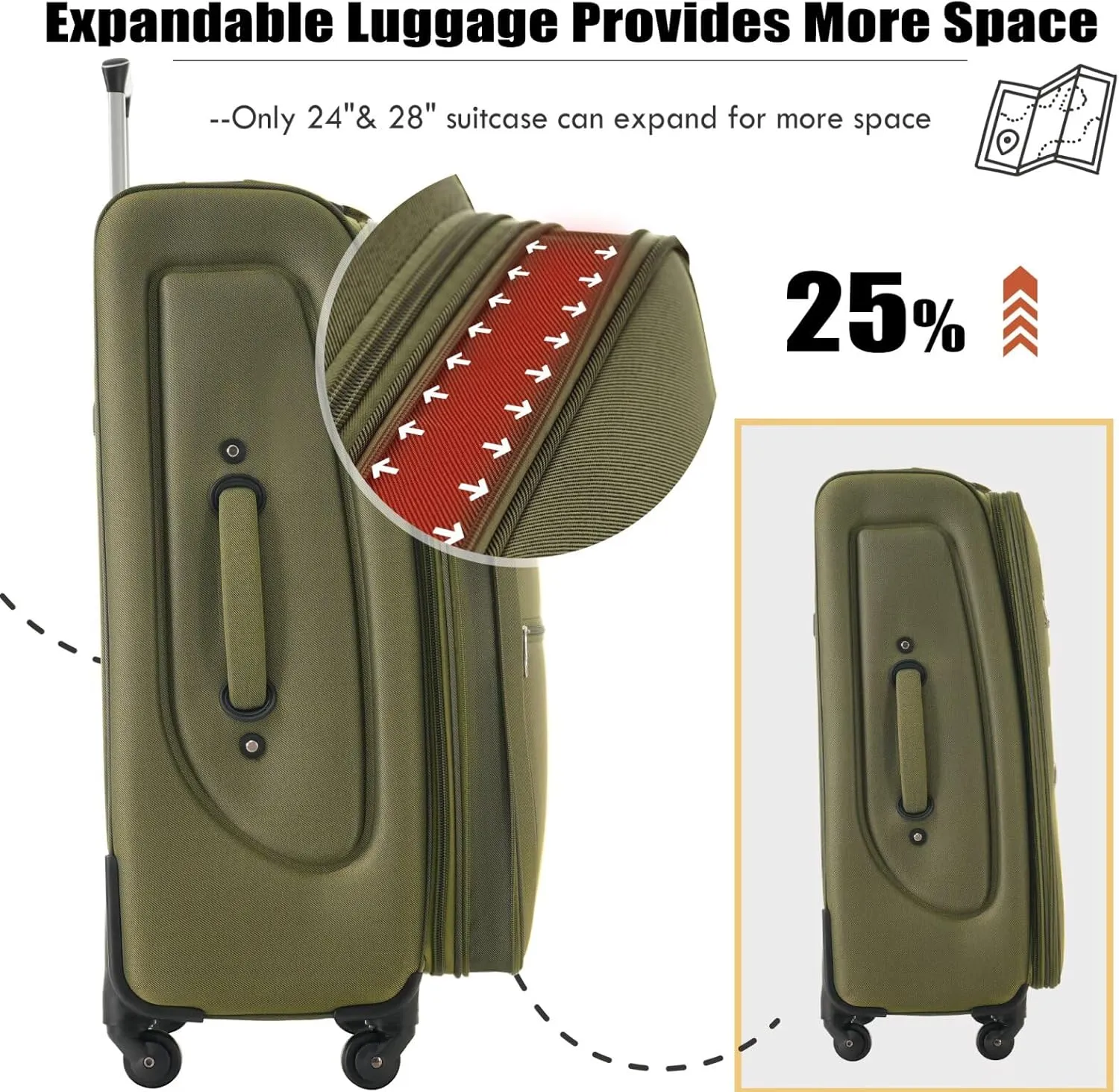 Expandable 5 Piece Luggage Sets with Duffel Bag Upright Spinner, Softshell Travel Suitcase with Spinner Wheels and TSA Lock(Army Green, 20" 24" 28")