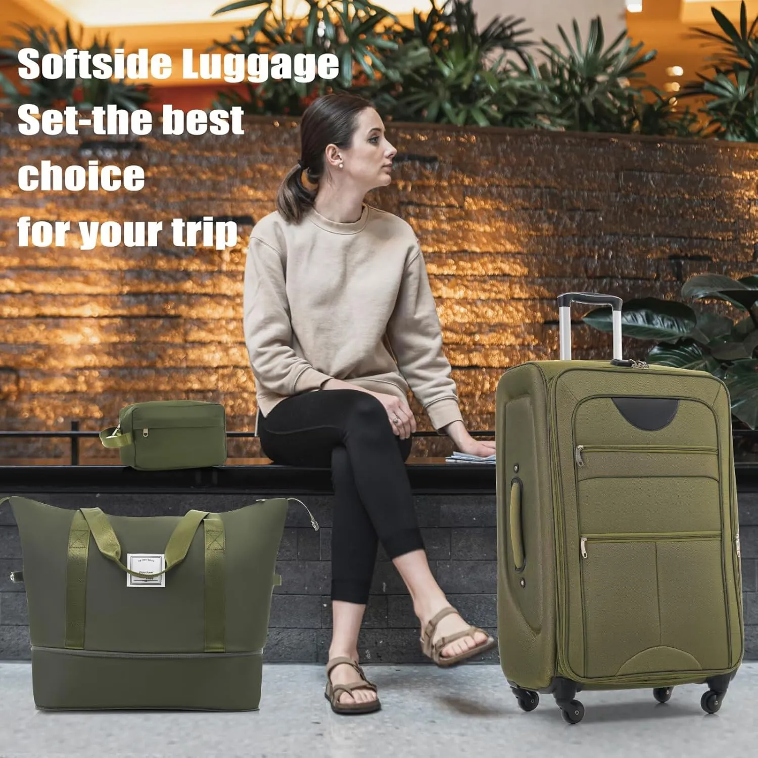 Expandable 5 Piece Luggage Sets with Duffel Bag Upright Spinner, Softshell Travel Suitcase with Spinner Wheels and TSA Lock(Army Green, 20" 24" 28")