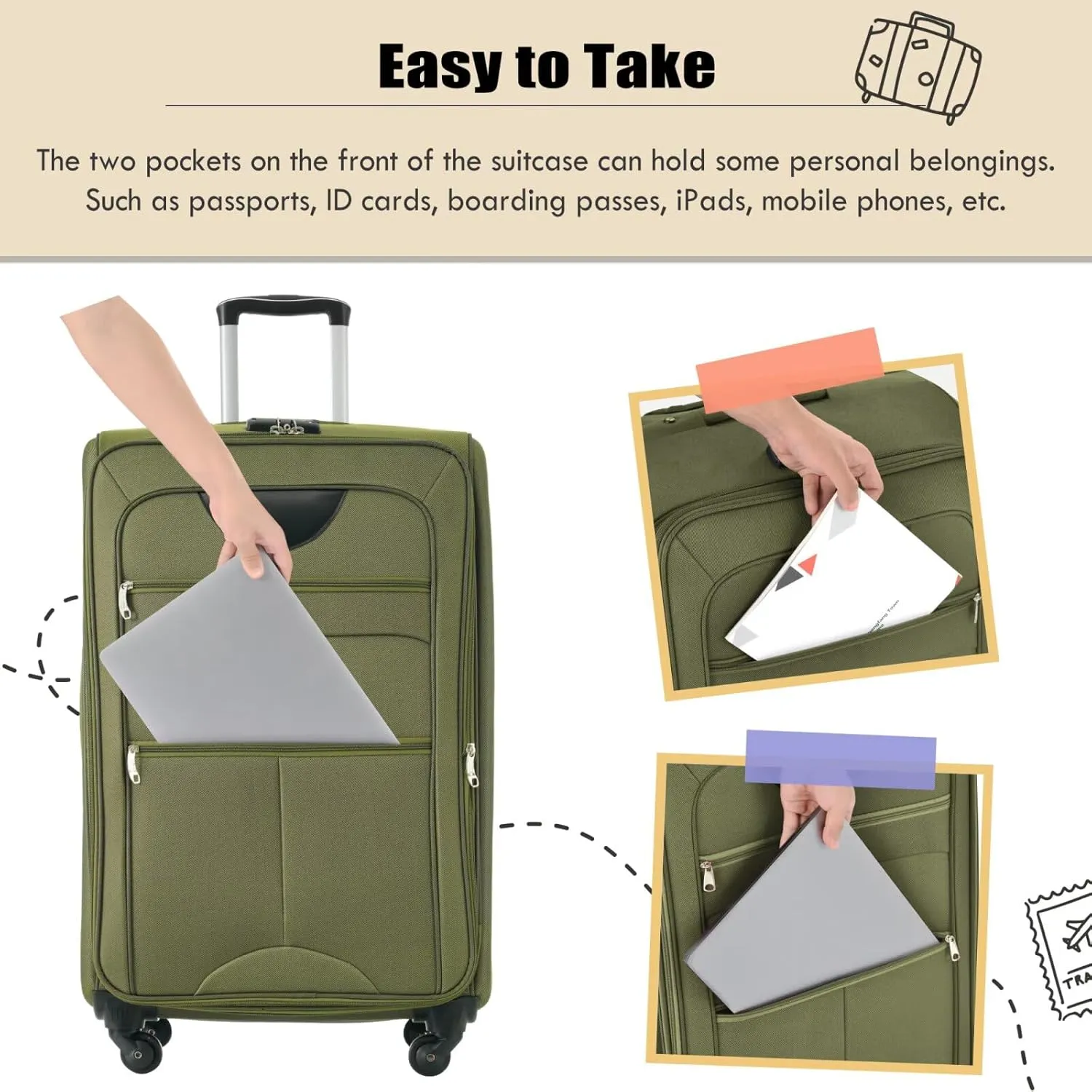 Expandable 5 Piece Luggage Sets with Duffel Bag Upright Spinner, Softshell Travel Suitcase with Spinner Wheels and TSA Lock(Army Green, 20" 24" 28")