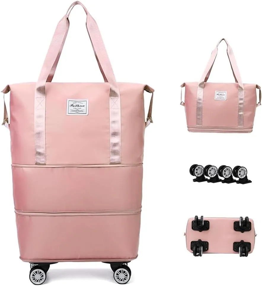 Expandable Carry Luggage Bag with Wheels Foldable Rolling Duffle Bag Large Capacity Dry Wet Separation Travel Bag Lightweight Suitcases for Men Women(Pink)