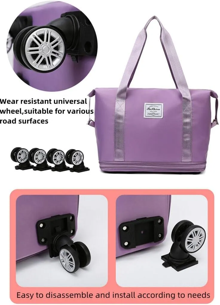 Expandable Carry Luggage Bag with Wheels Foldable Rolling Duffle Bag Large Capacity Dry Wet Separation Travel Bag Lightweight Suitcases for Men Women(Pink)