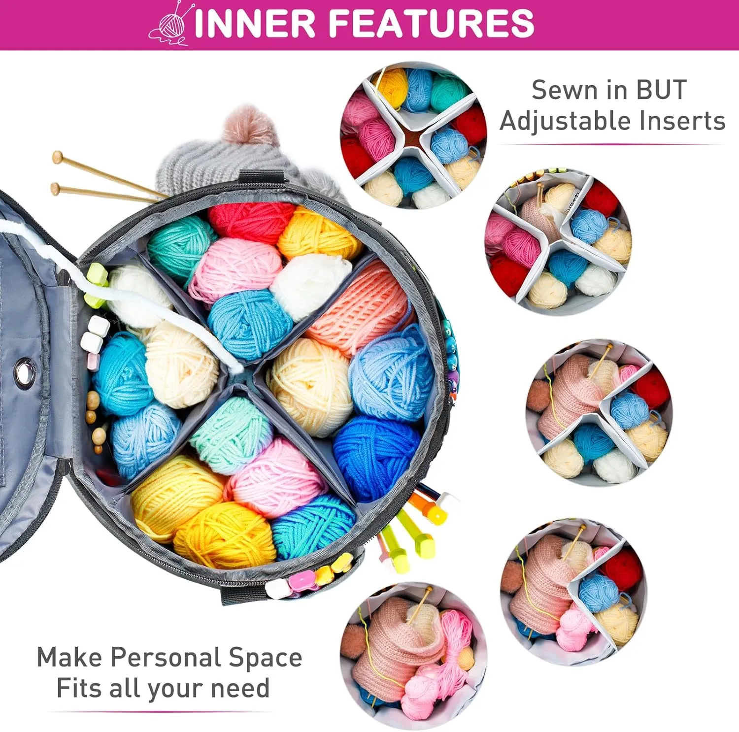 Expandable Crochet Bag-Knitting Bag Yarn Storage Organizer - Yarn Bag and Crochet Tote, Yarn Holder for Crocheting, Crochet Accessories, Suppliers, Needles with Zipper Closure-Ideal Gift