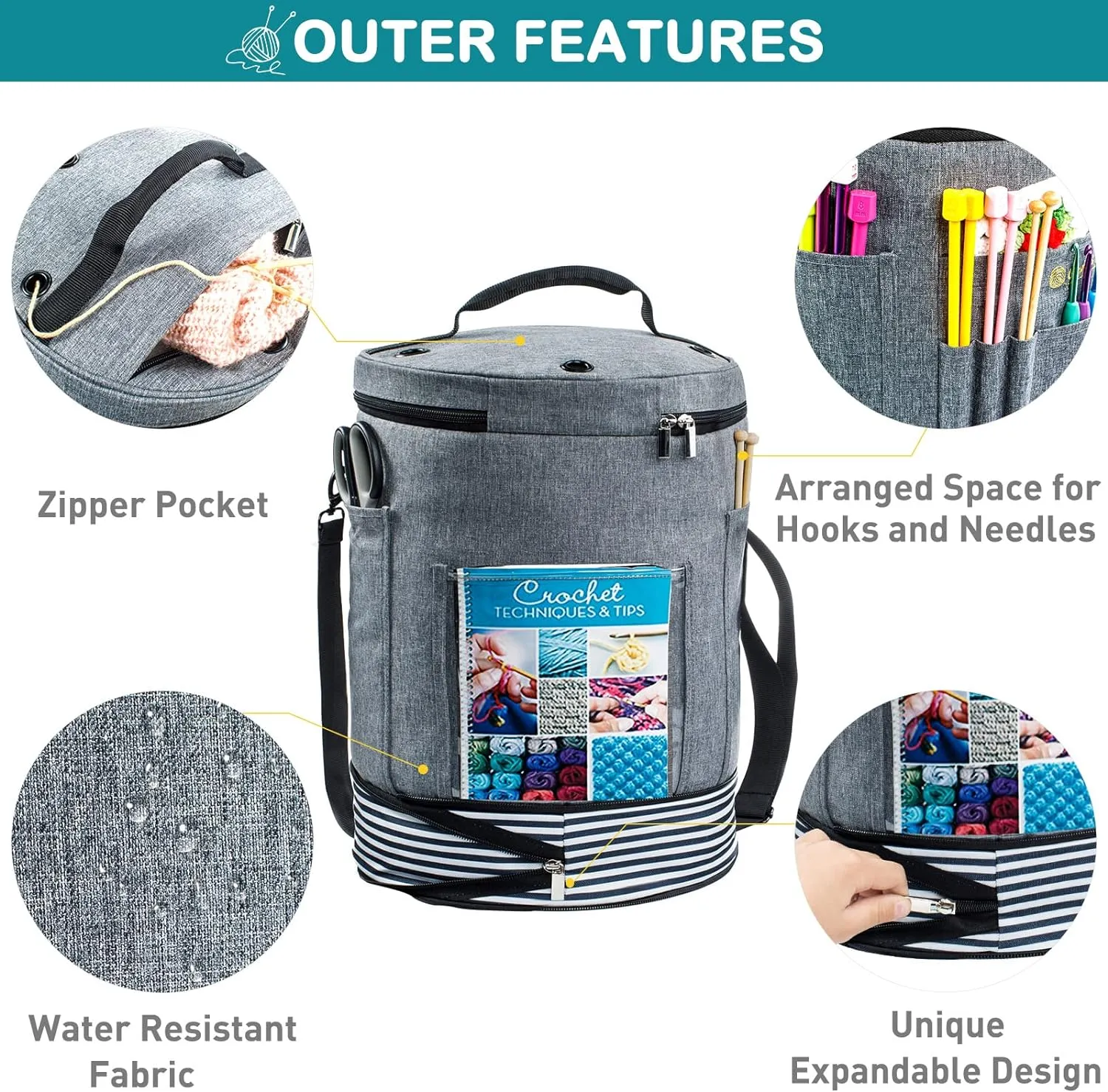 Expandable Crochet Yarn Storage Organizer - Knitting Bag with Zipper Closure, Ideal Gift