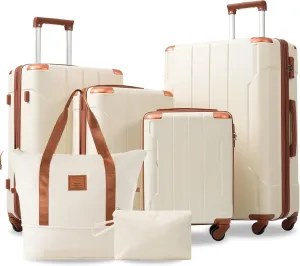 Expandable Lightweight 6-Piece Hardshell Luggage Set with Wheels for Family Travel, White and Brown