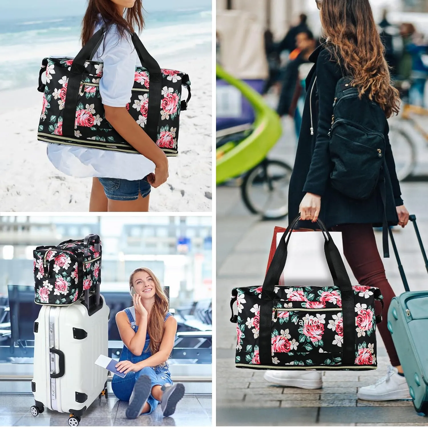 Expandable Travel Duffle Bag for Travel, Carry on Tote Bag Weekender Overnight Hosptital Bag for Men Women Lightweight Luggage Maternity Bag Rose Floral