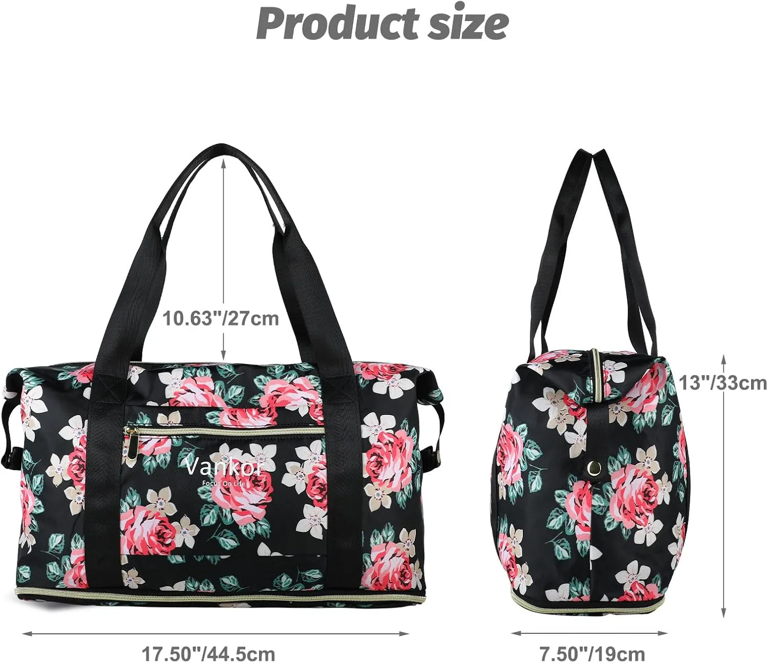 Expandable Travel Duffle Bag for Travel, Carry on Tote Bag Weekender Overnight Hosptital Bag for Men Women Lightweight Luggage Maternity Bag Rose Floral