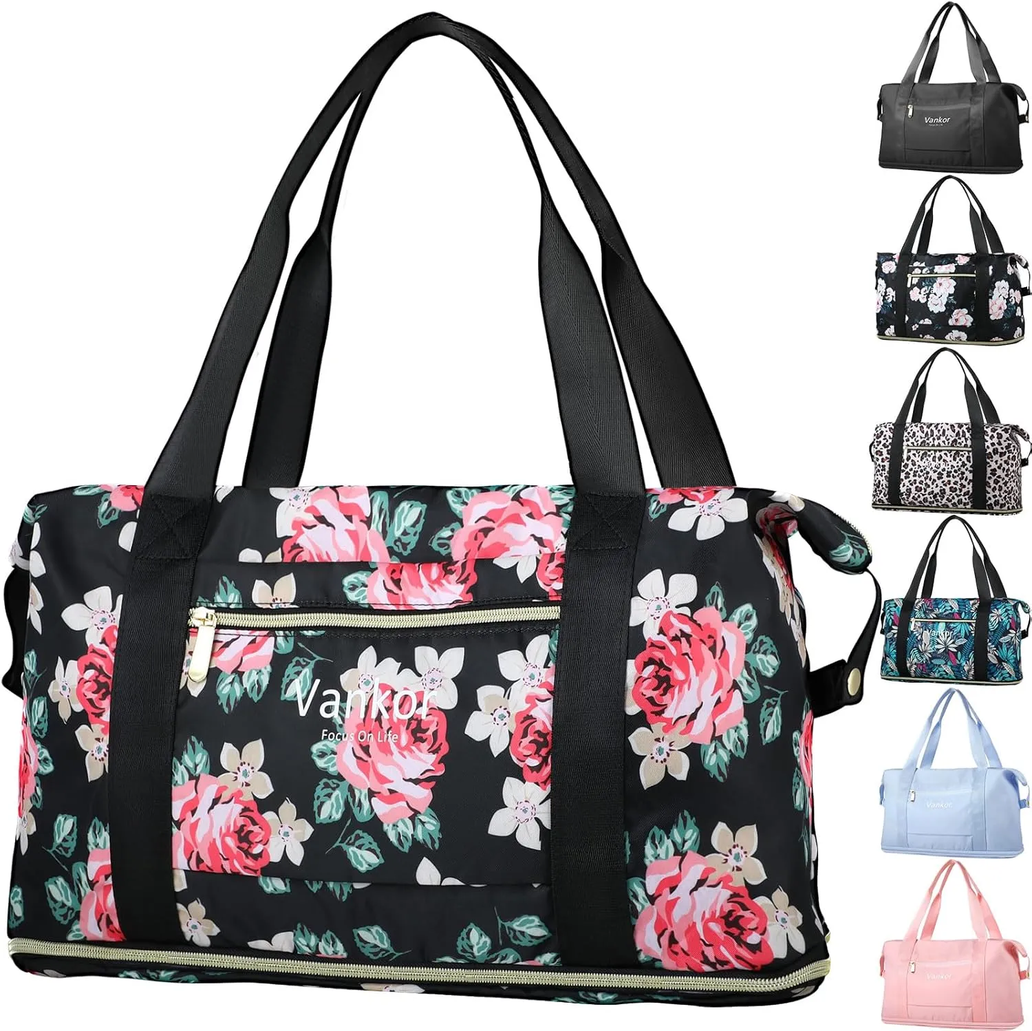 Expandable Travel Duffle Bag for Travel, Carry on Tote Bag Weekender Overnight Hosptital Bag for Men Women Lightweight Luggage Maternity Bag Rose Floral