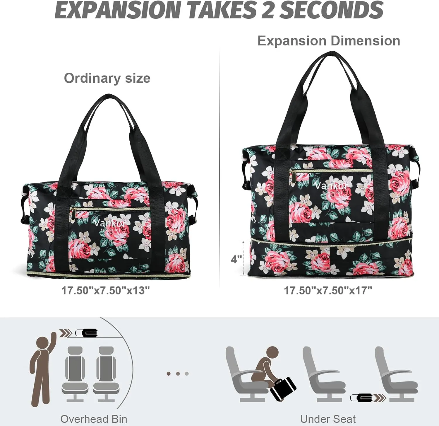 Expandable Travel Duffle Bag for Travel, Carry on Tote Bag Weekender Overnight Hosptital Bag for Men Women Lightweight Luggage Maternity Bag Rose Floral