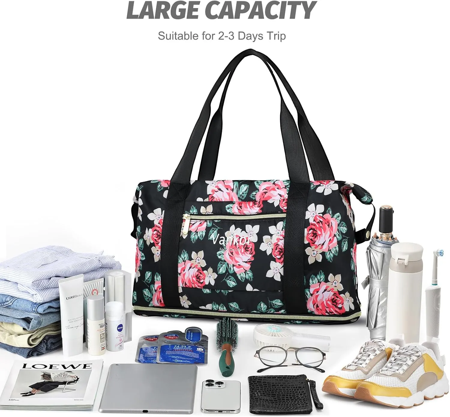 Expandable Travel Duffle Bag for Travel, Carry on Tote Bag Weekender Overnight Hosptital Bag for Men Women Lightweight Luggage Maternity Bag Rose Floral