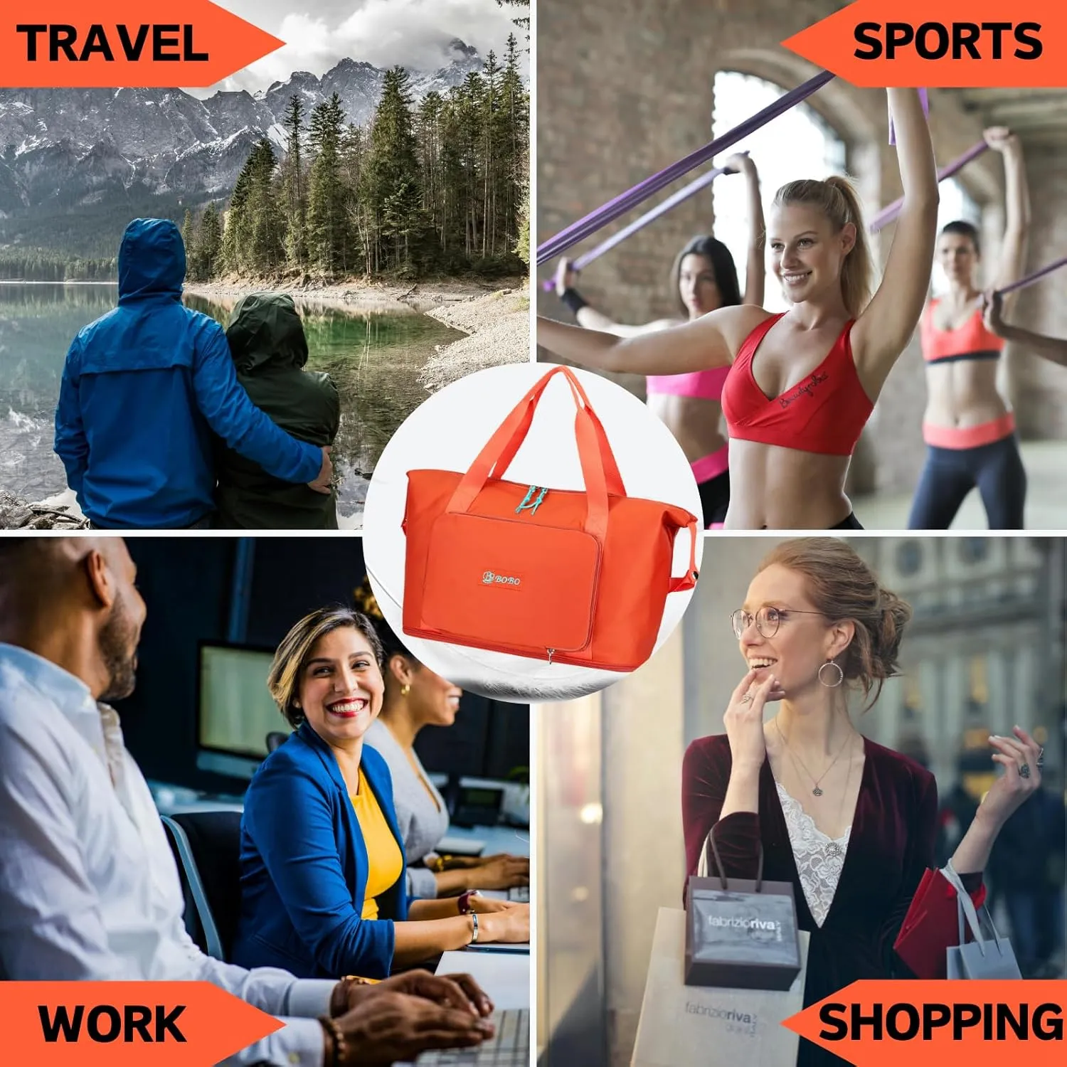 Expandable Travel Duffle Bag for Women Men, Lightweight Foldable Travel Tote Bags Gym Bag, Large Waterproof Carry On Weekender Overnight Bag with Wet Pocket for Workout, Fitness, Shopping Orange
