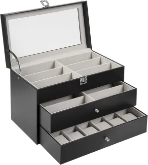 Eyeglass and Watch Storage Box with 24 Compartments, Jewelry Organizer with Clear Glass Lid, Modern Display Case for Glasses & Watches, MDF & PU Material with Metal Hinges
