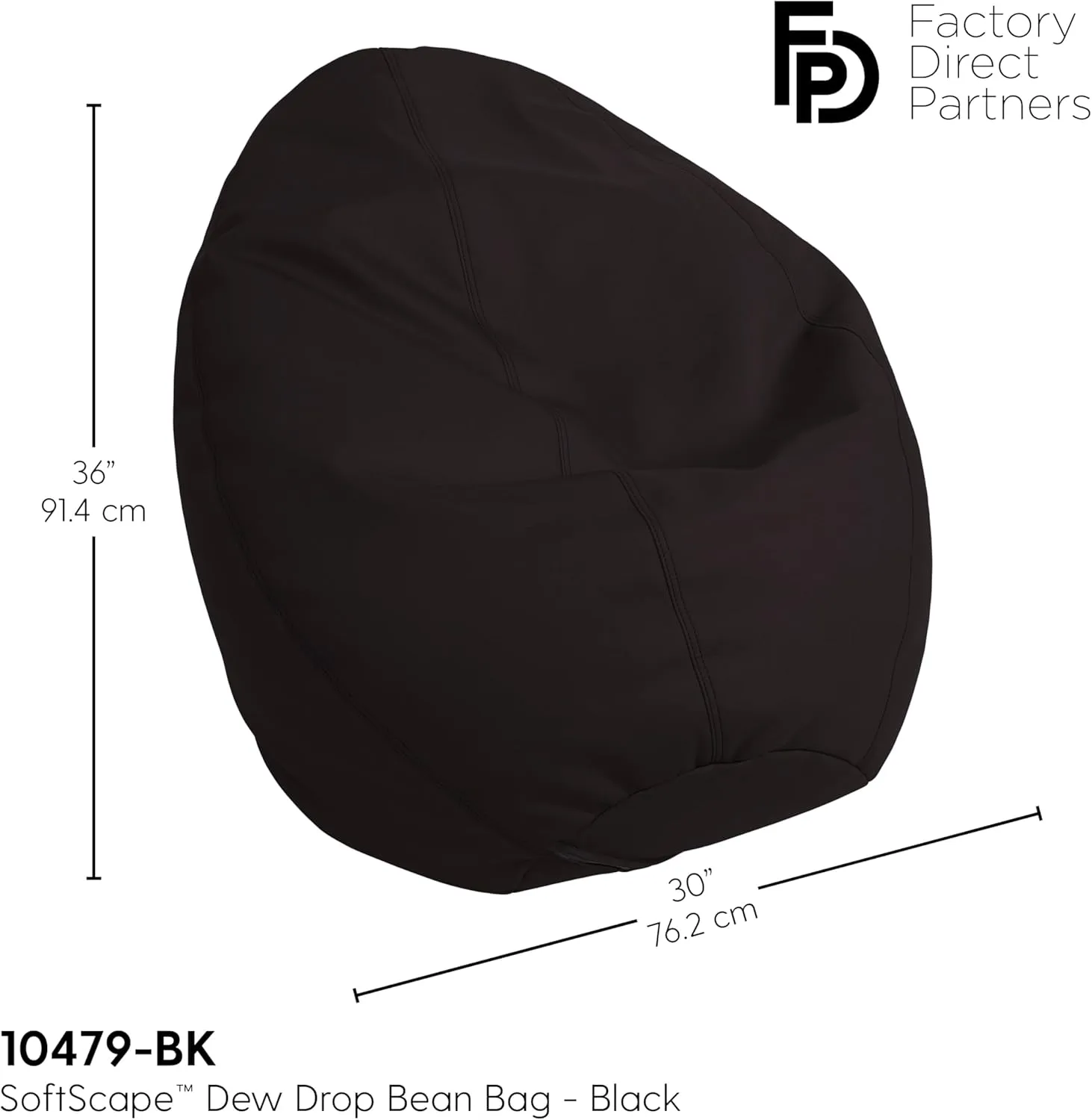FDP SoftScape Dew Drop Bean Bag Chair with Supportive High-Back Design, For Kids, Teens and Adults, Alternative Seating for Dorms, Schools, Libraries, Daycares or Home - Black