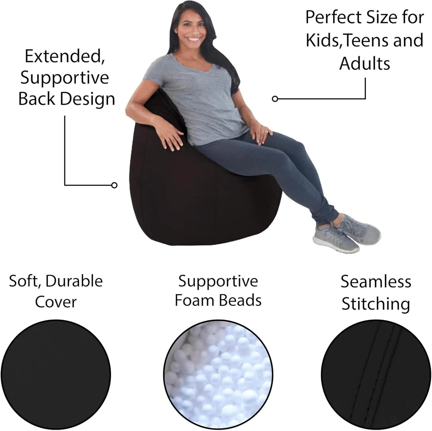 FDP SoftScape Dew Drop Bean Bag Chair with Supportive High-Back Design, For Kids, Teens and Adults, Alternative Seating for Dorms, Schools, Libraries, Daycares or Home - Black