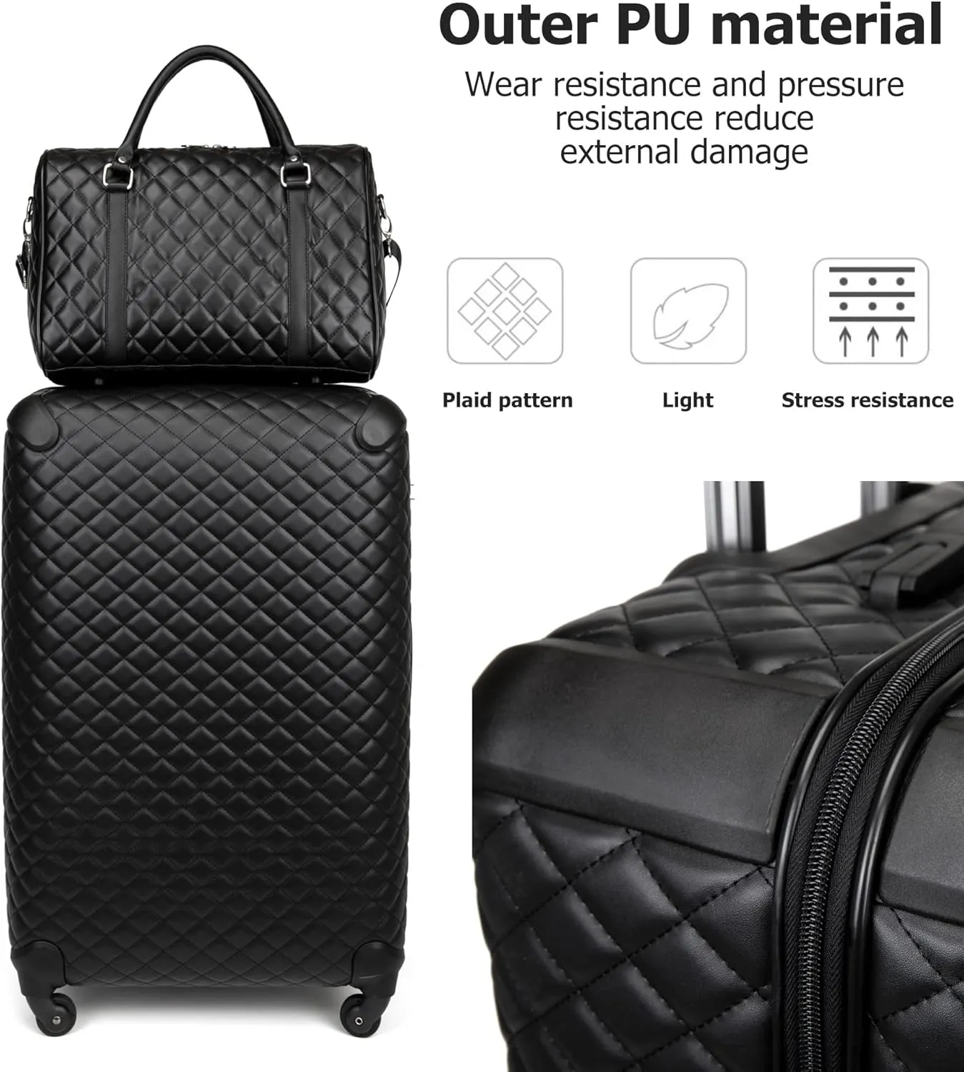 feilario Plaid PU Leather Softshell Luggage Set - 4-Piece Expandable Suitcases with Spinner Wheels - Includes Large Travel Bag, 20-Inch Carry On, 24-Inch & 28-Inch Suitcases
