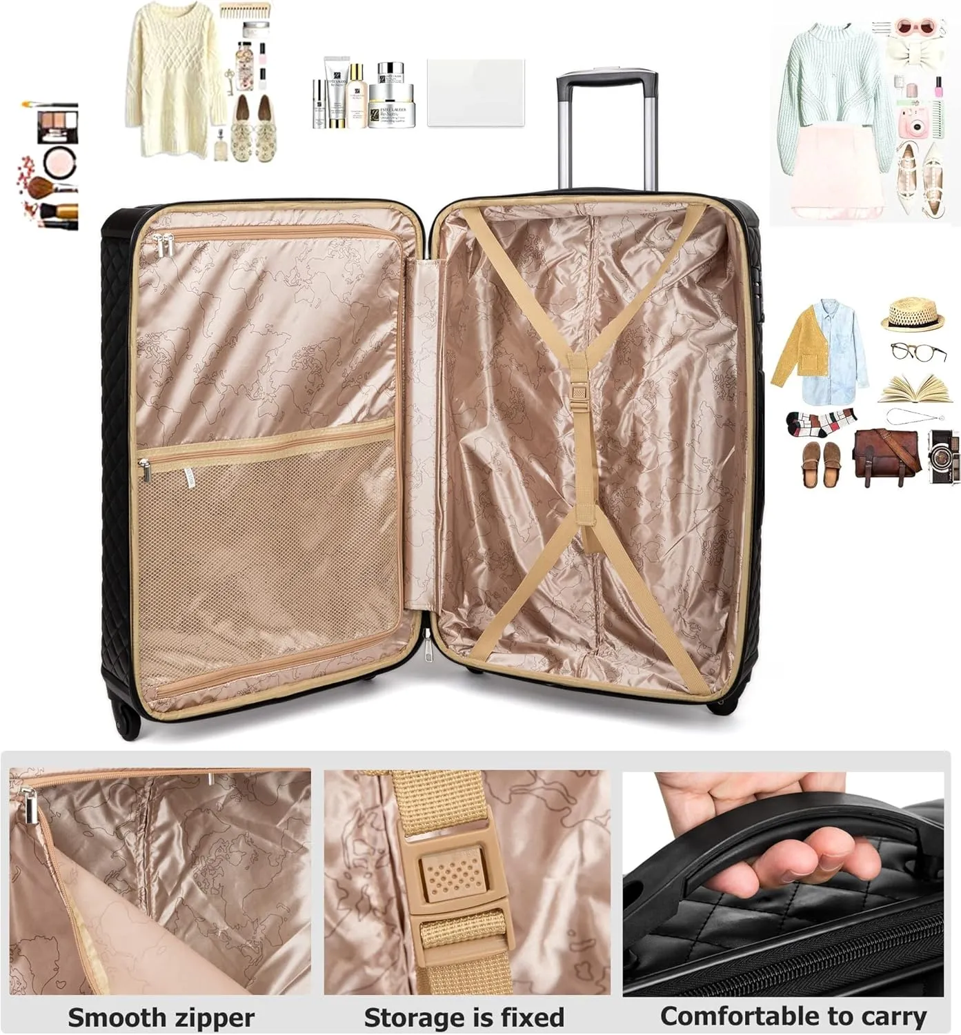 feilario Plaid PU Leather Softshell Luggage Set - 4-Piece Expandable Suitcases with Spinner Wheels - Includes Large Travel Bag, 20-Inch Carry On, 24-Inch & 28-Inch Suitcases