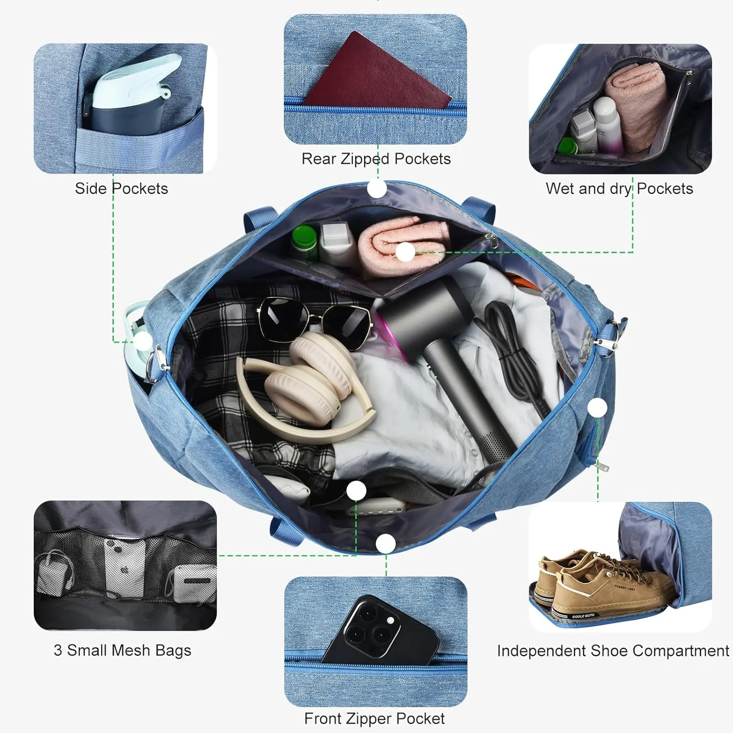 Felipe Varela For Spirit Airlines Personal Item Bag 18x14x8, Foldable Travel Duffel Bags Small Overnight weekender Gym Duffle Carry on Luggage Underseat Bag with Wet Pocket(Blue, 30L)