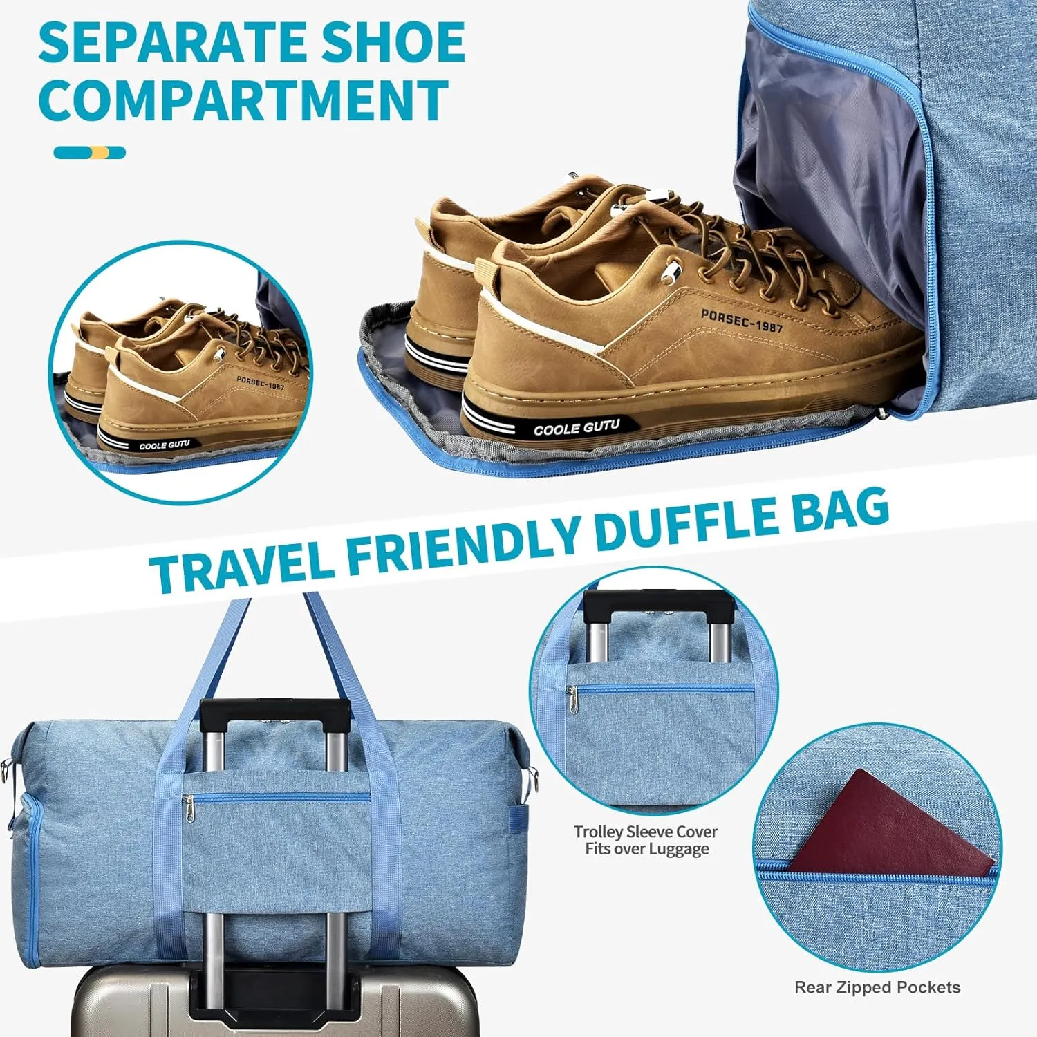 Felipe Varela For Spirit Airlines Personal Item Bag 18x14x8, Foldable Travel Duffel Bags Small Overnight weekender Gym Duffle Carry on Luggage Underseat Bag with Wet Pocket(Blue, 30L)