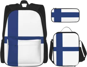 Finnish Flag Print Unisex Stylish Travel Backpack Set With Insulated Lunch Bag,Adjustable Straps