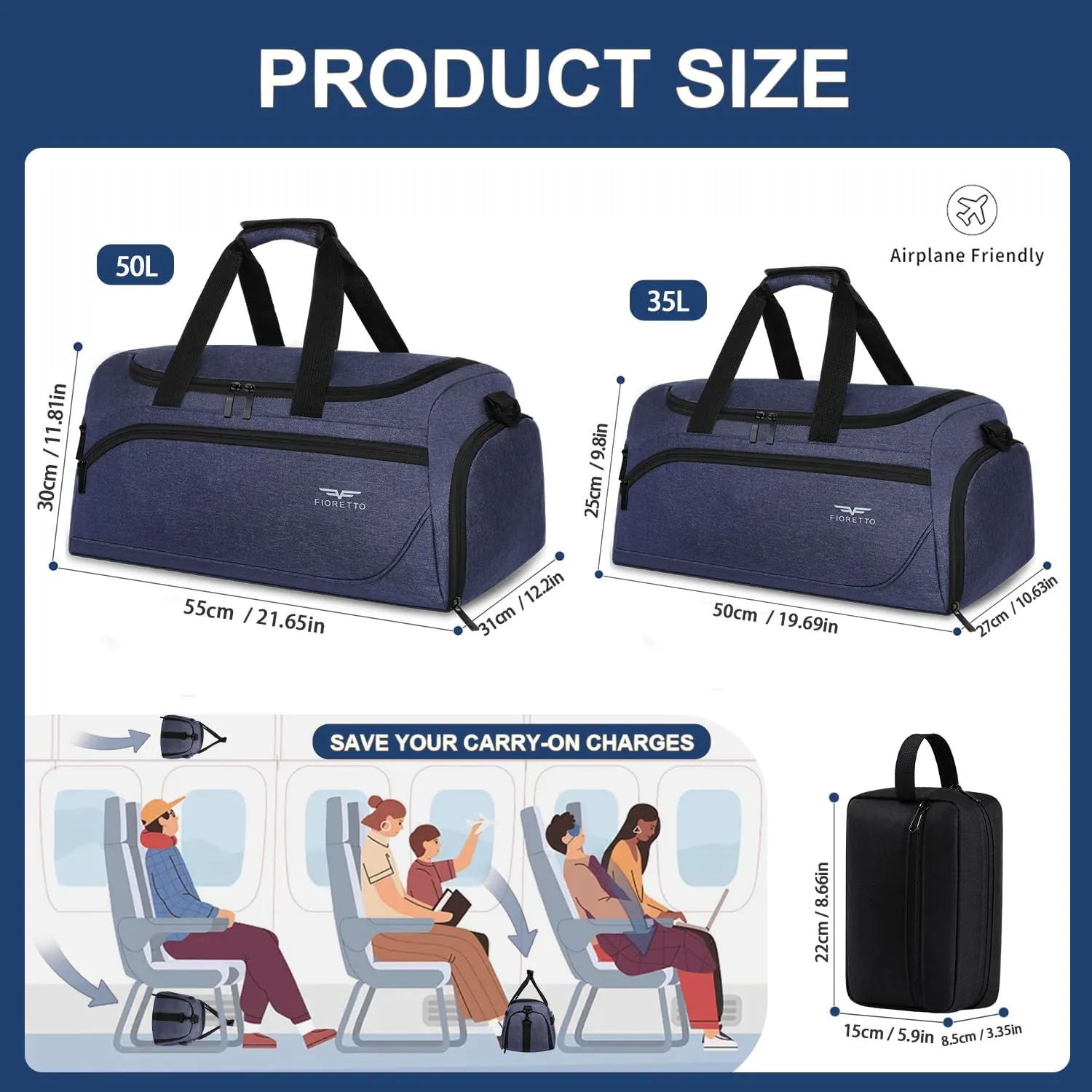 FIORETTO 35L Mens Sports Gym Bag with Toiletry Bag & Shoe Compartment, Travel Duffle Bag Overnight Bag with Padded Shoulder Strap, Sports Holdall for Swimming, Basketball Navy