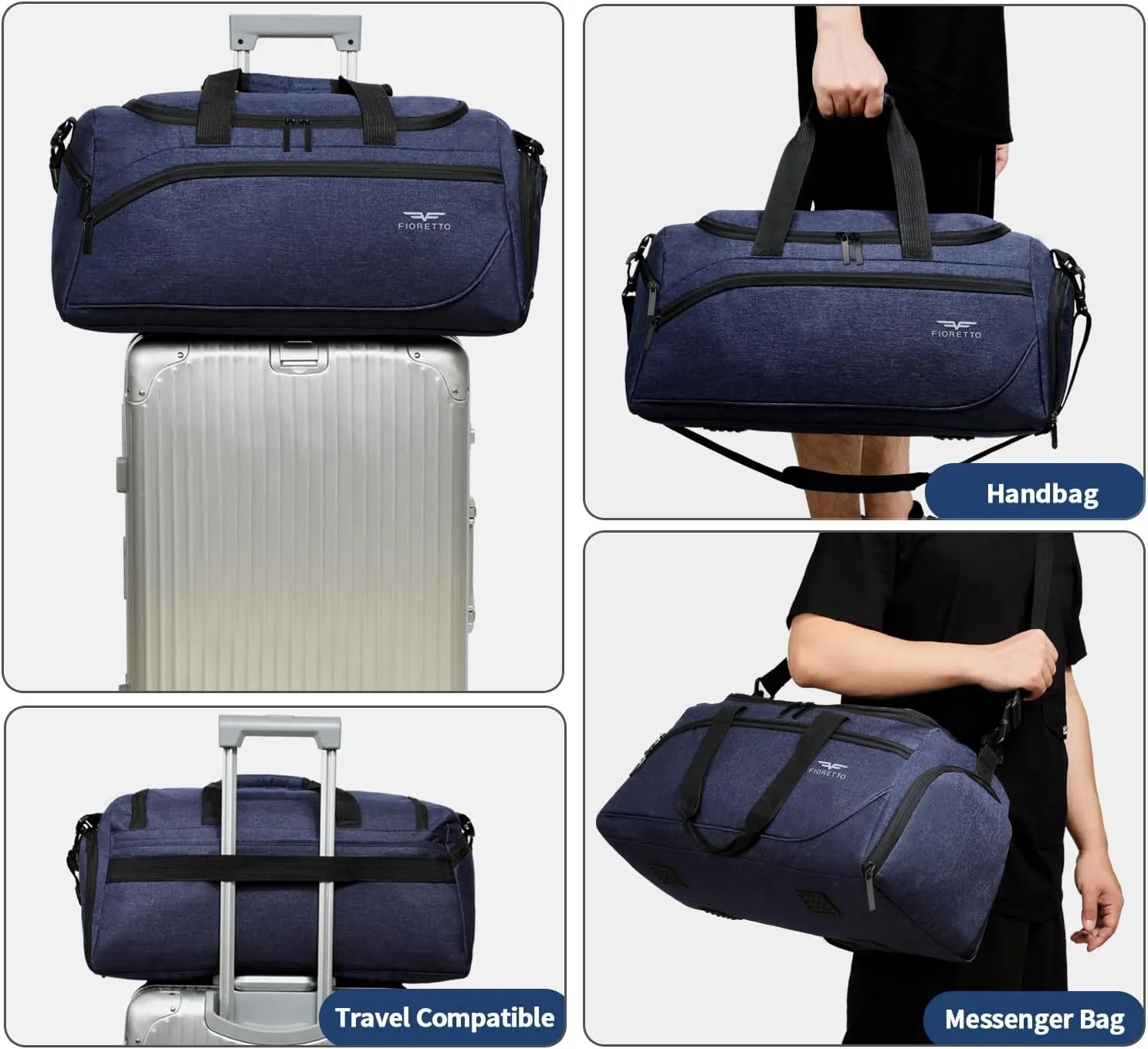 FIORETTO 35L Mens Sports Gym Bag with Toiletry Bag & Shoe Compartment, Travel Duffle Bag Overnight Bag with Padded Shoulder Strap, Sports Holdall for Swimming, Basketball Navy