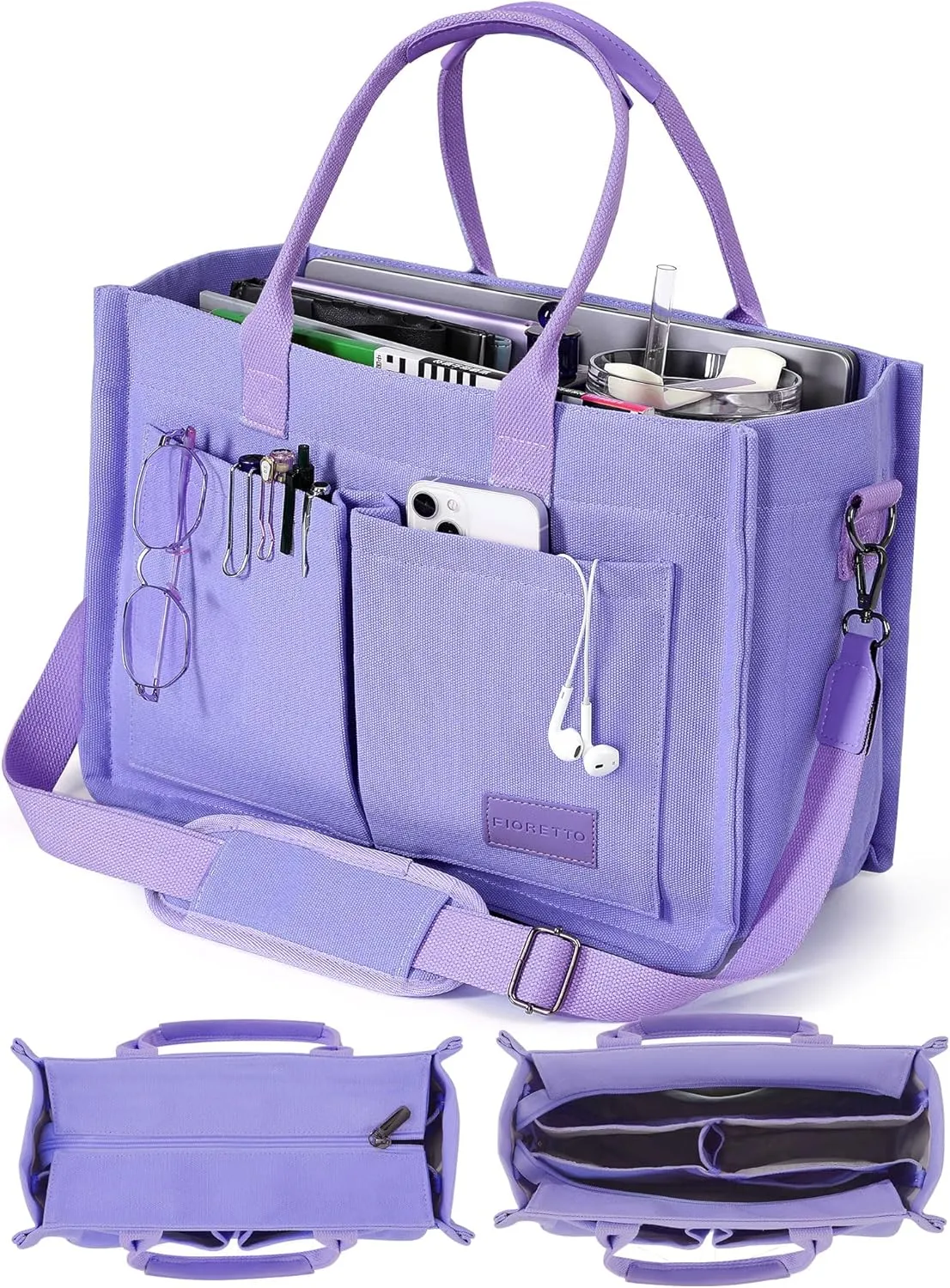 FIORETTO Canvas Tote Bag for Women with Zipper Closure & Individual Compartments for Work College for Teacher & Nurse
