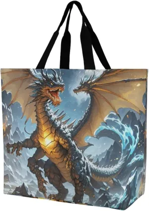 Fire And Ice Dragons Tote Bag for Women Reusable Grocery Shoulder Bags Shopping Bag for Travel, Groceries