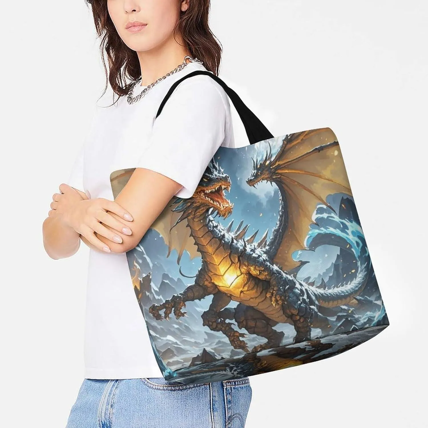 Fire And Ice Dragons Tote Bag for Women Reusable Grocery Shoulder Bags Shopping Bag for Travel, Groceries