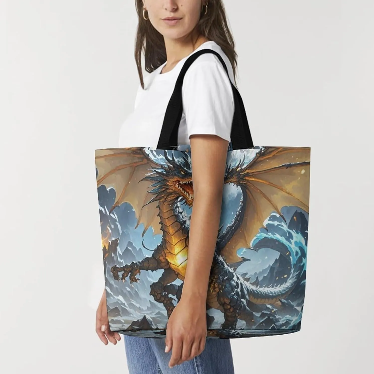 Fire And Ice Dragons Tote Bag for Women Reusable Grocery Shoulder Bags Shopping Bag for Travel, Groceries