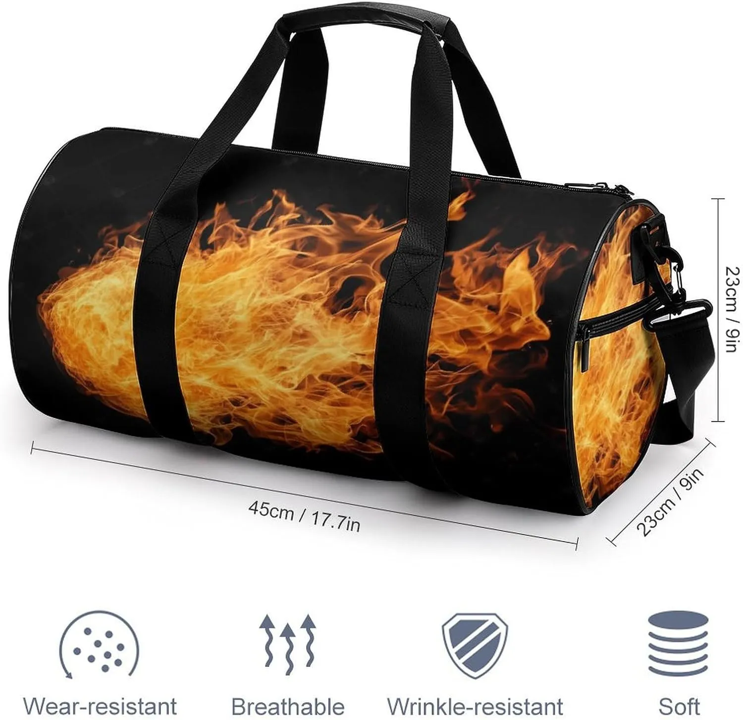 Fireball Travel Gym Bag for Women Men Cylindrical Duffle Bag Sport Workout Bag with Shoulder Strap