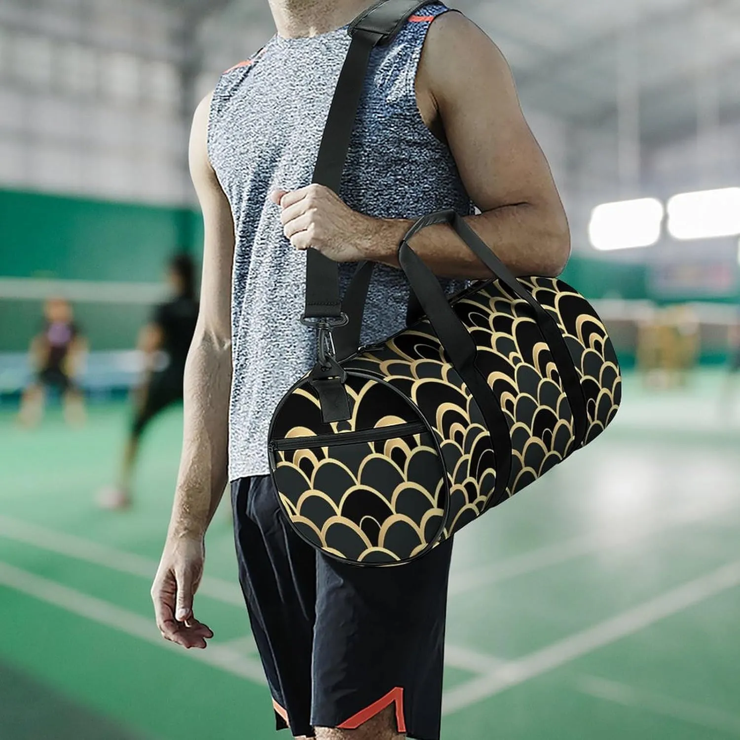 Fish Scale Pattern Travel Gym Bag for Women Men Single Color Cylindrical Duffle Bag Sport Workout Bag with Shoulder Strap